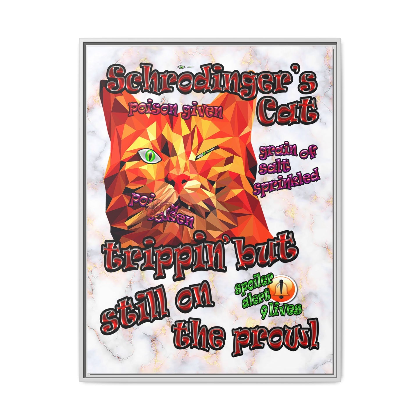 schrodinger's cat - framed canvas art (white marble)