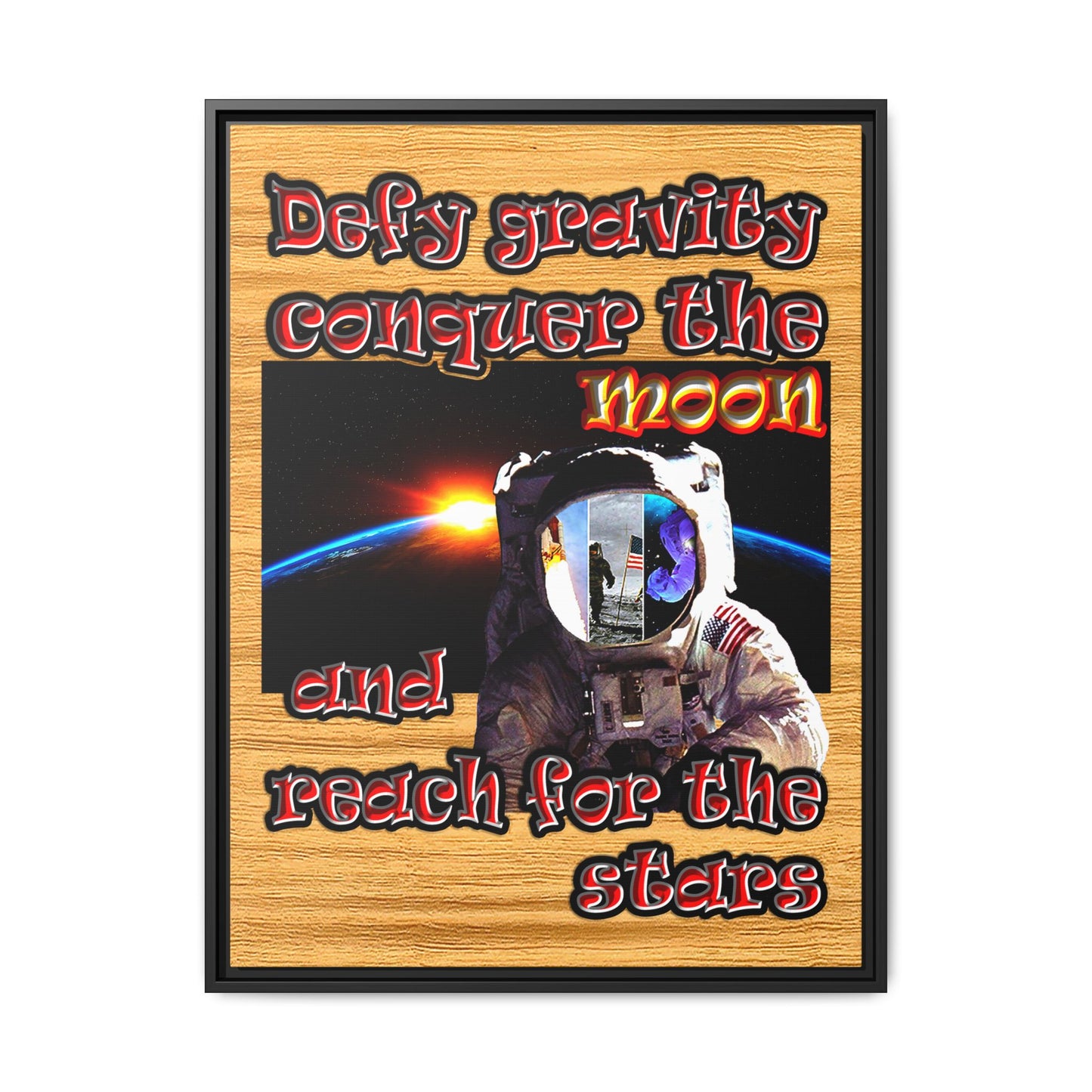 defy conquer reach - framed canvas art (butterscotch wood finish)