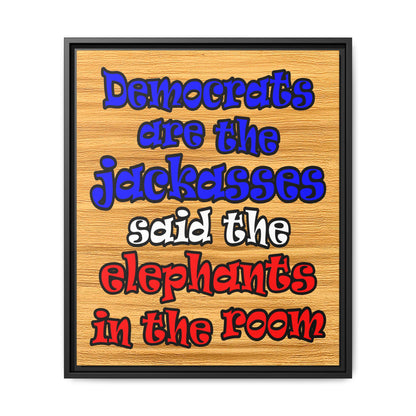 donkeys and elephants - framed canvas art (butterscotch wood finish)