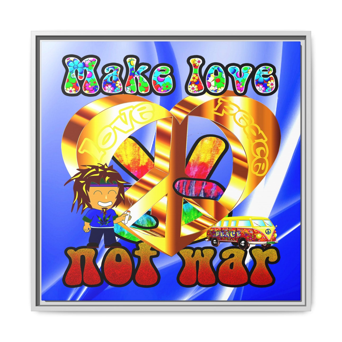love peace - framed canvas art (blue-white wave)
