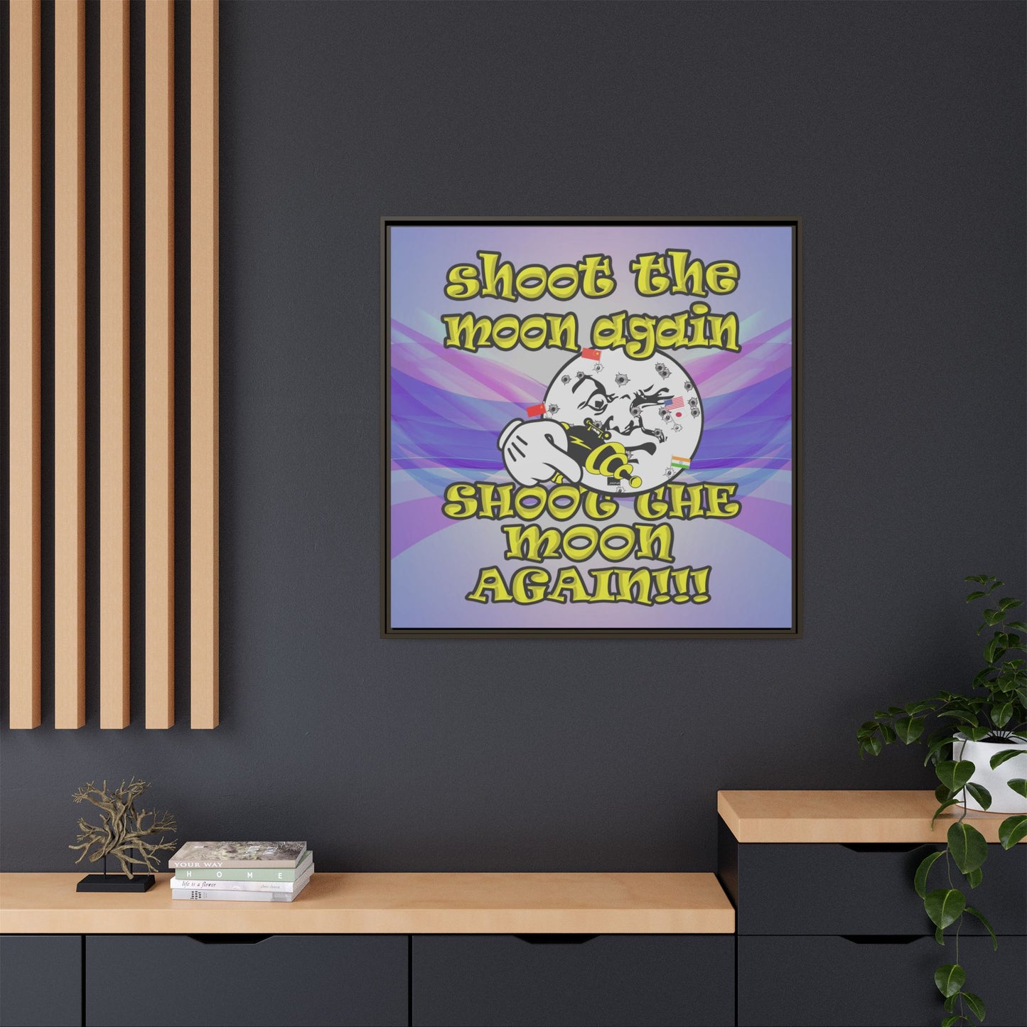 shoot the moon again - framed canvas art (light blue-pink wave)