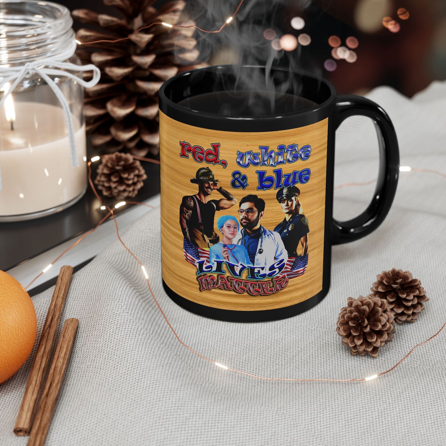rw&b lives matter - Black Mug (butterscotch wood finish)