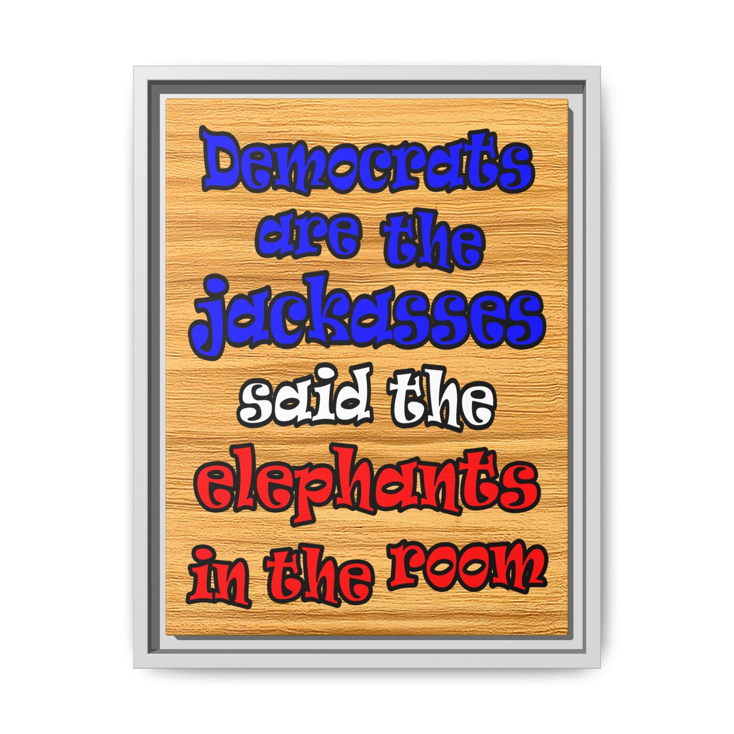 donkeys and elephants - framed canvas art (butterscotch wood finish)