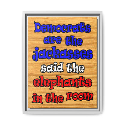 donkeys and elephants - framed canvas art (butterscotch wood finish)