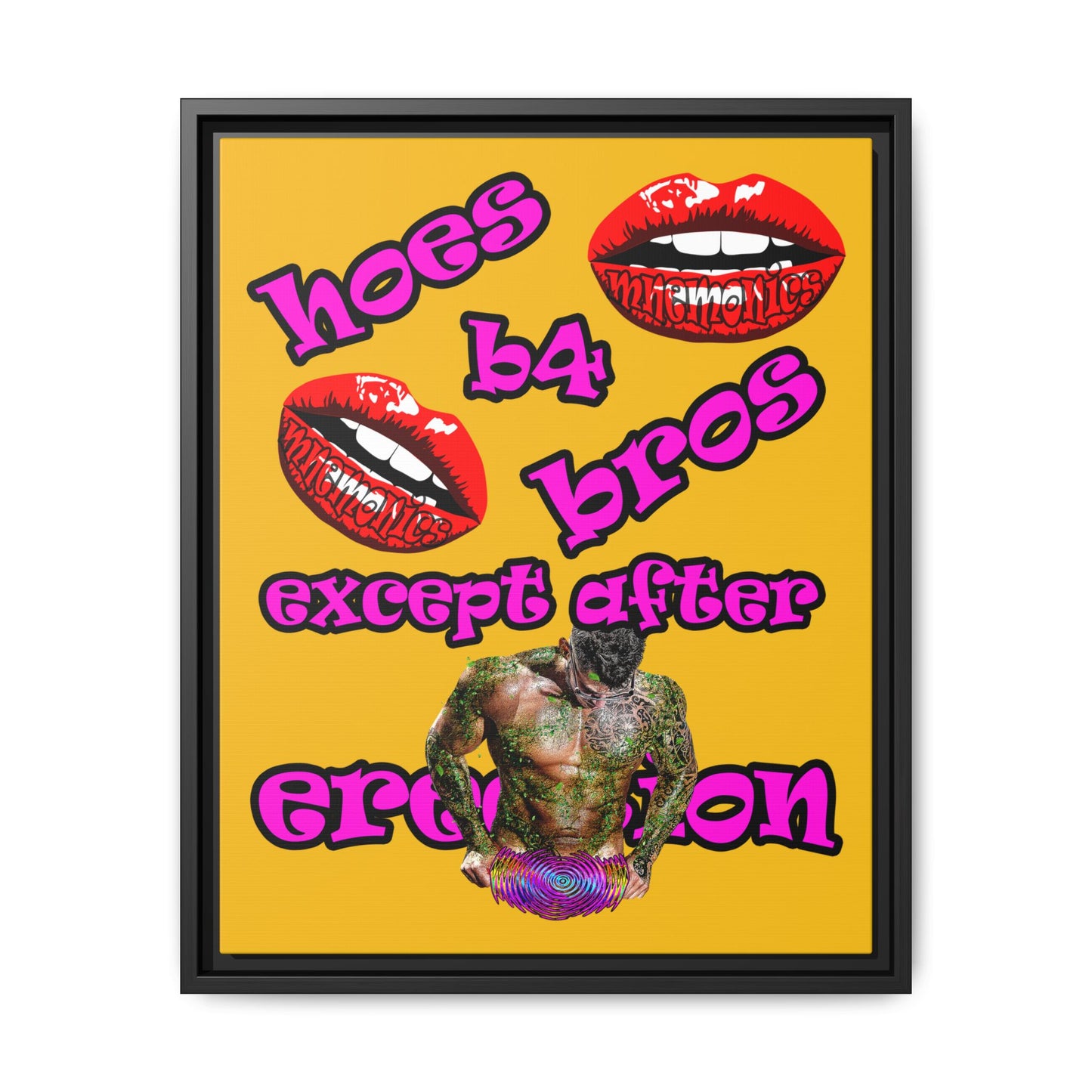 hoes b4 bros - framed canvas art (yellow)