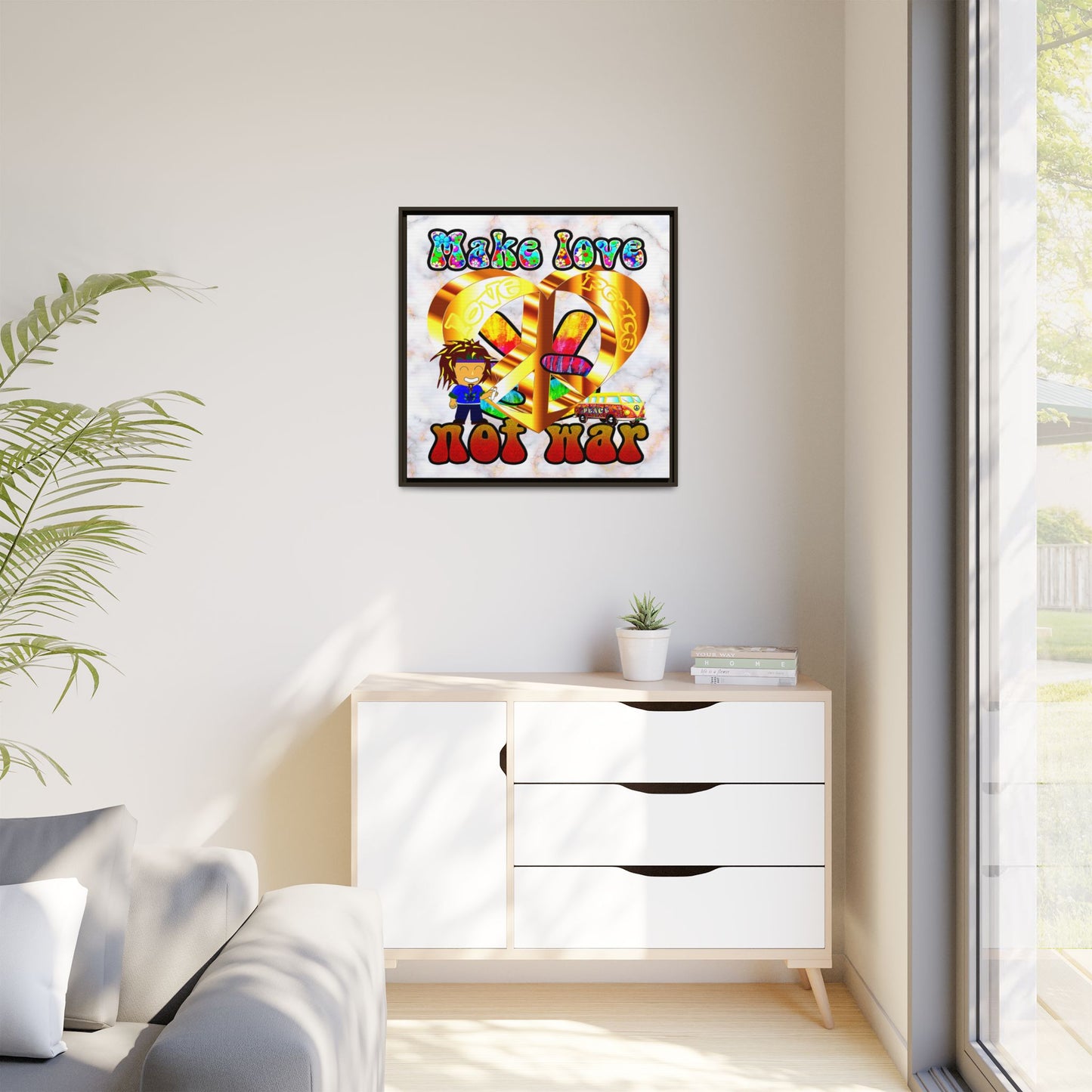 love peace - framed canvas art (white marble)