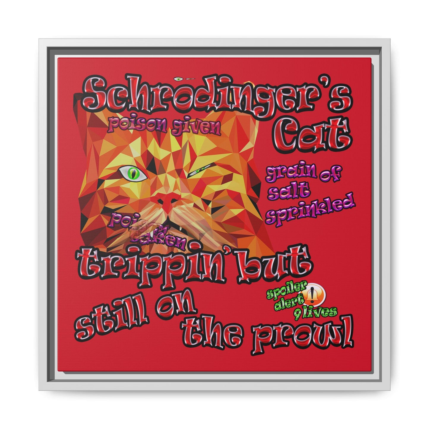 schrodinger's cat - framed canvas art (dark red)