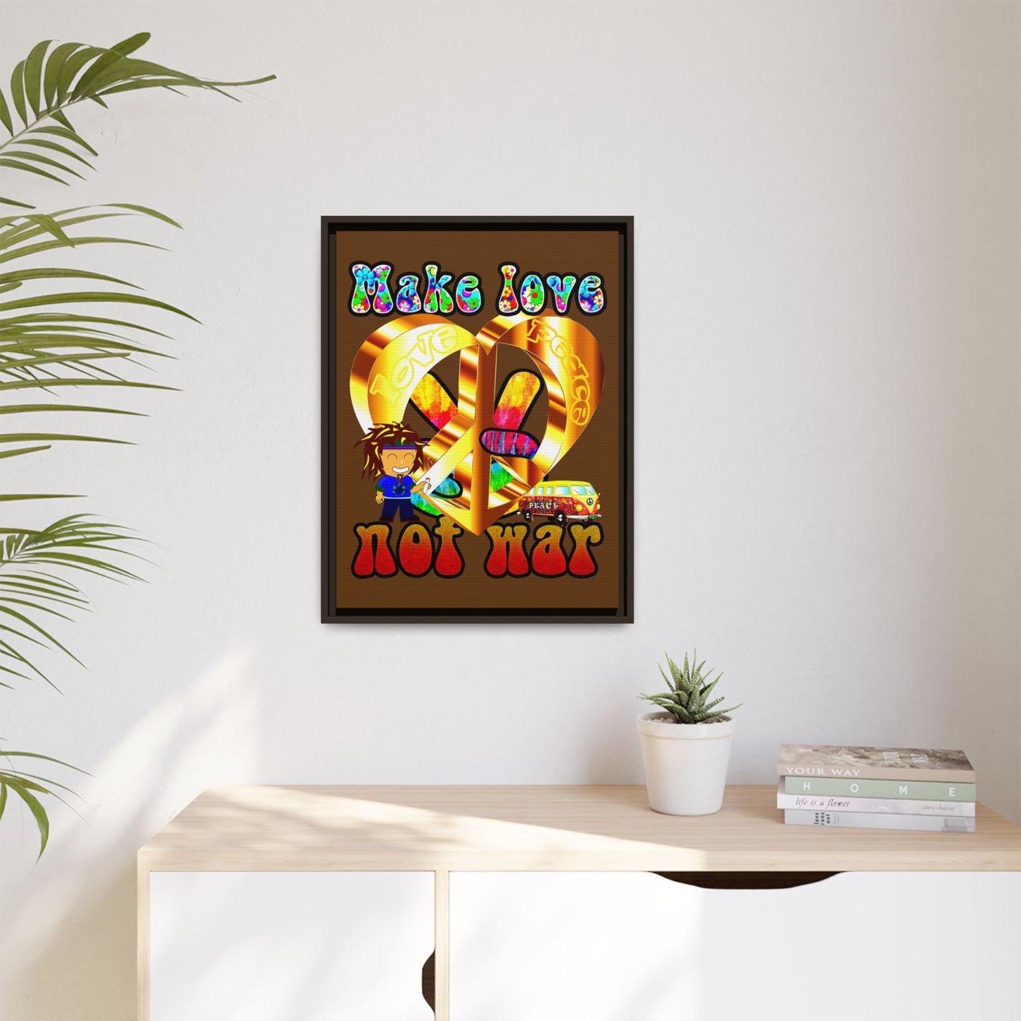 love peace - framed canvas art (brown)