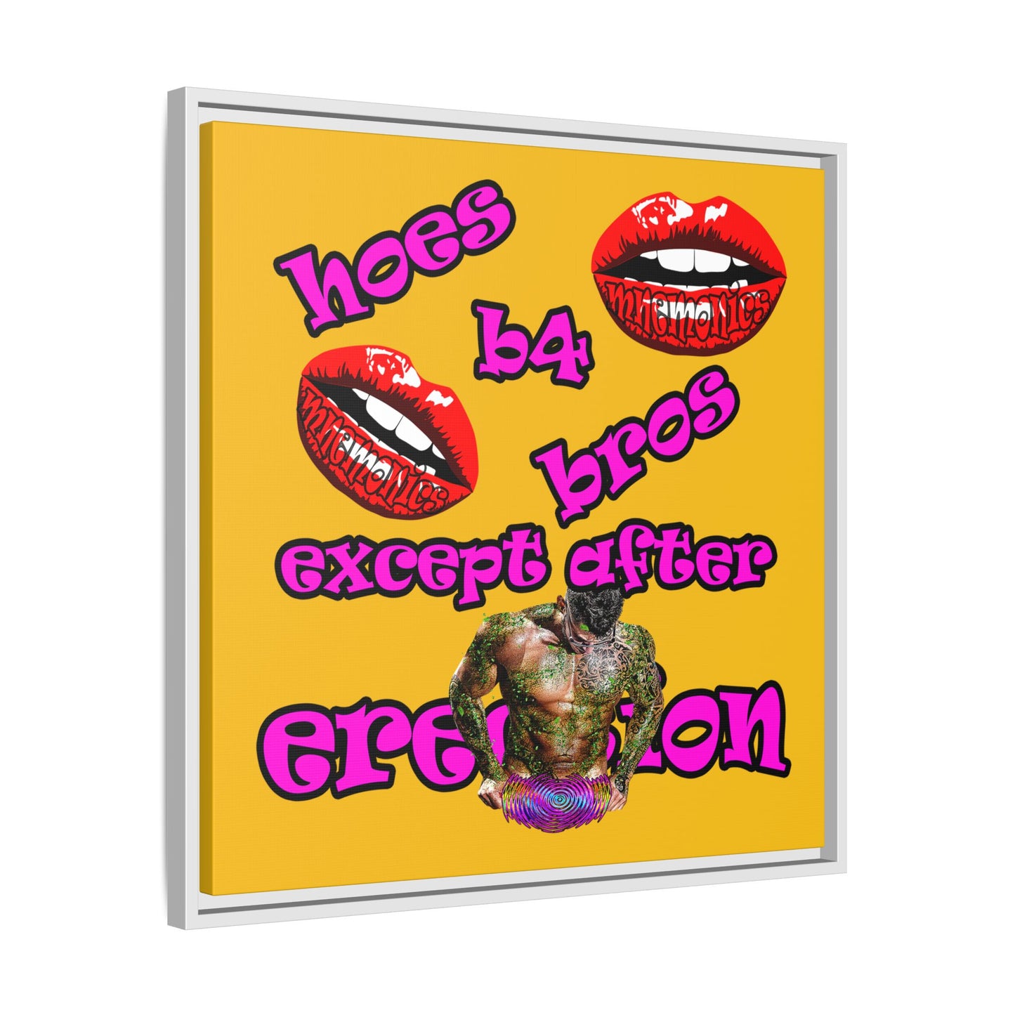 hoes b4 bros - framed canvas art (yellow)