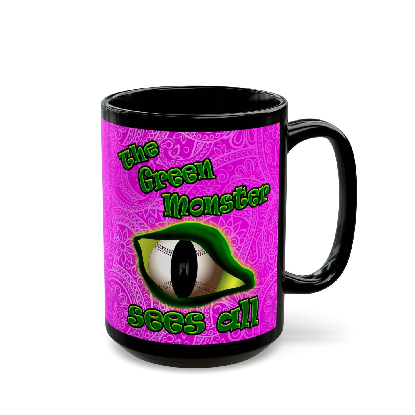 green monster - Black Mug (pink swirl)