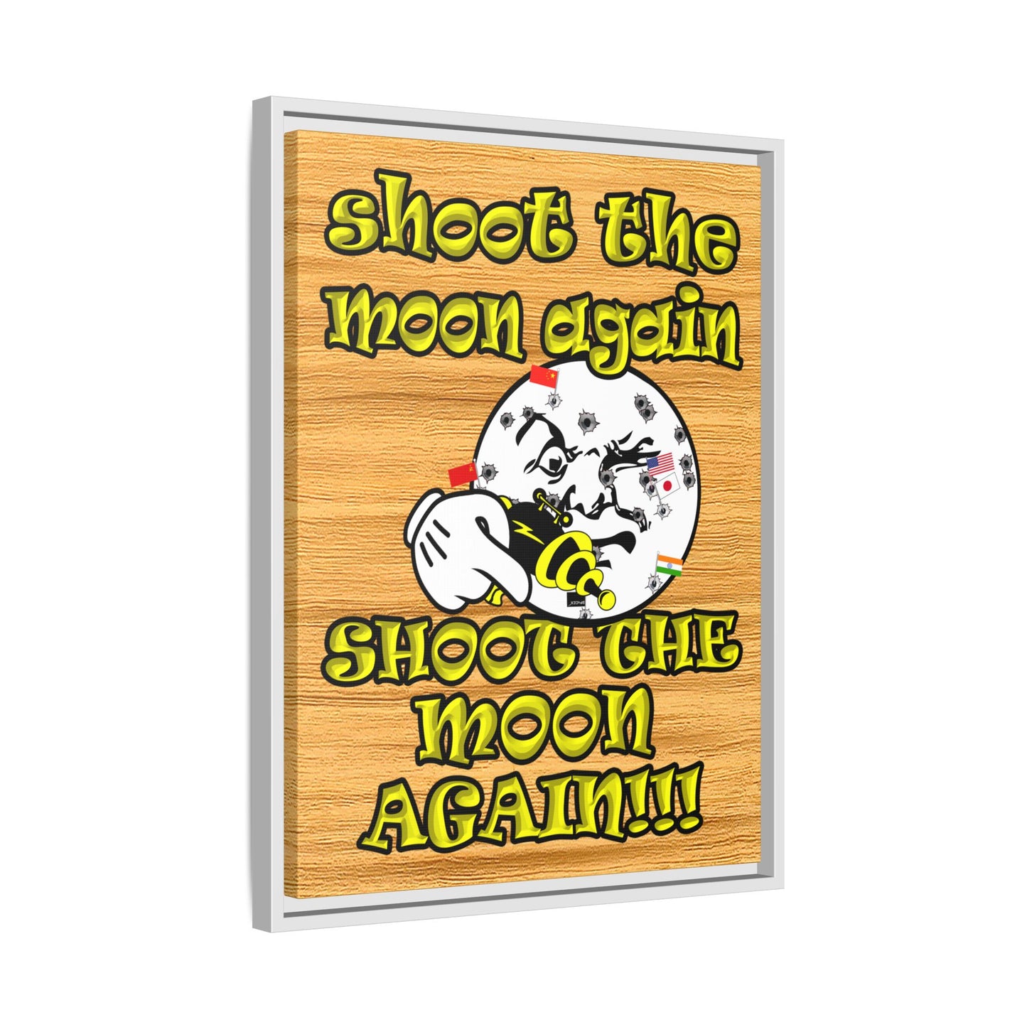 shoot the moon again - framed canvas art (butterscotch wood finish)
