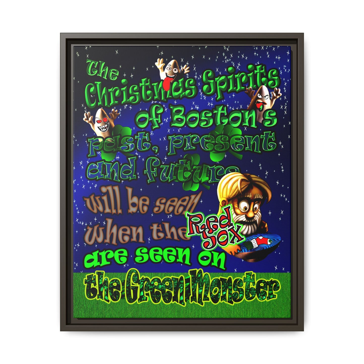 christmas spirits of boston - framed canvas art ('snoops' background)