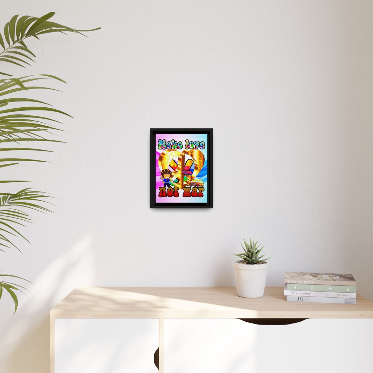 love peace - framed canvas art (light blue-pink wave)
