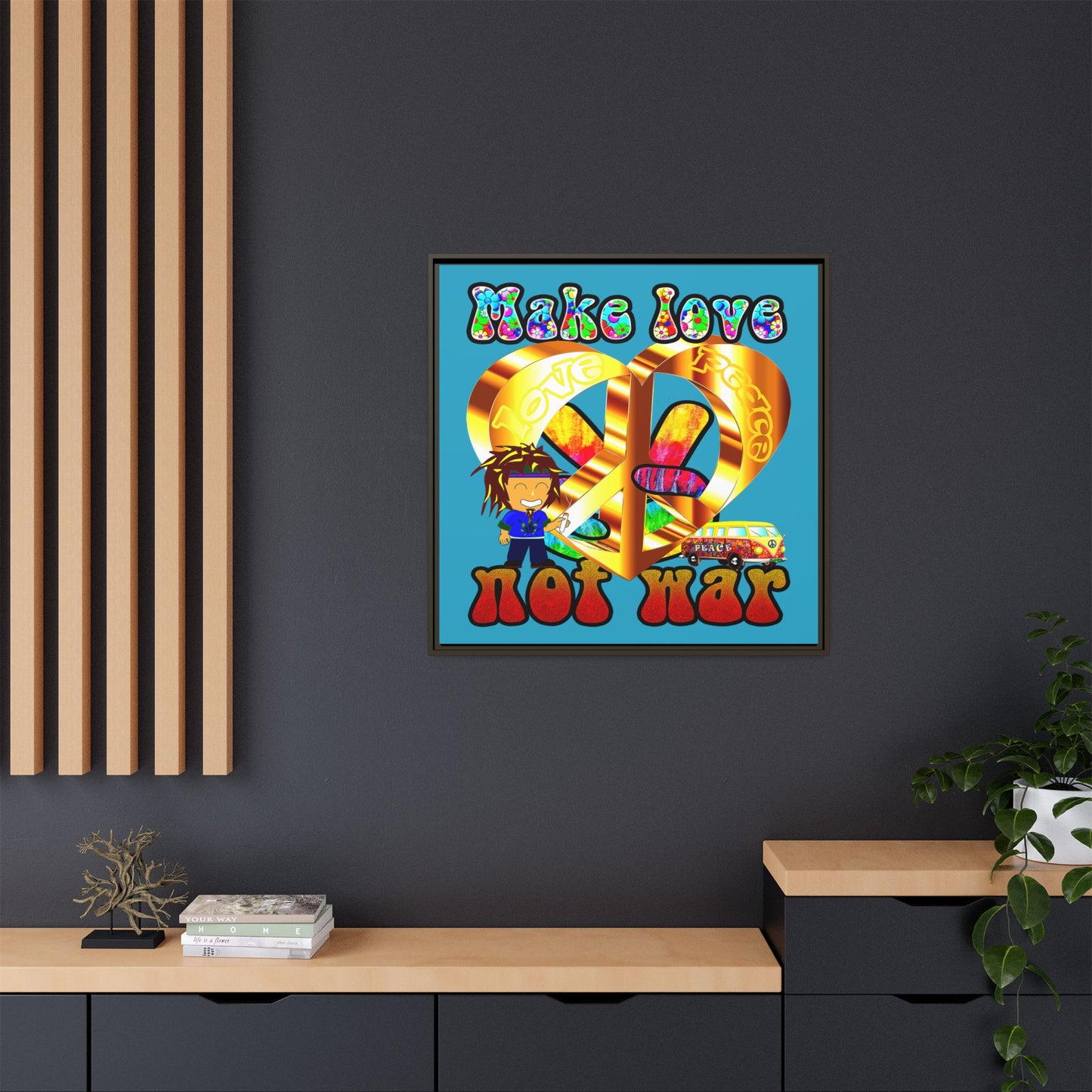 love peace - framed canvas art (turquoise)