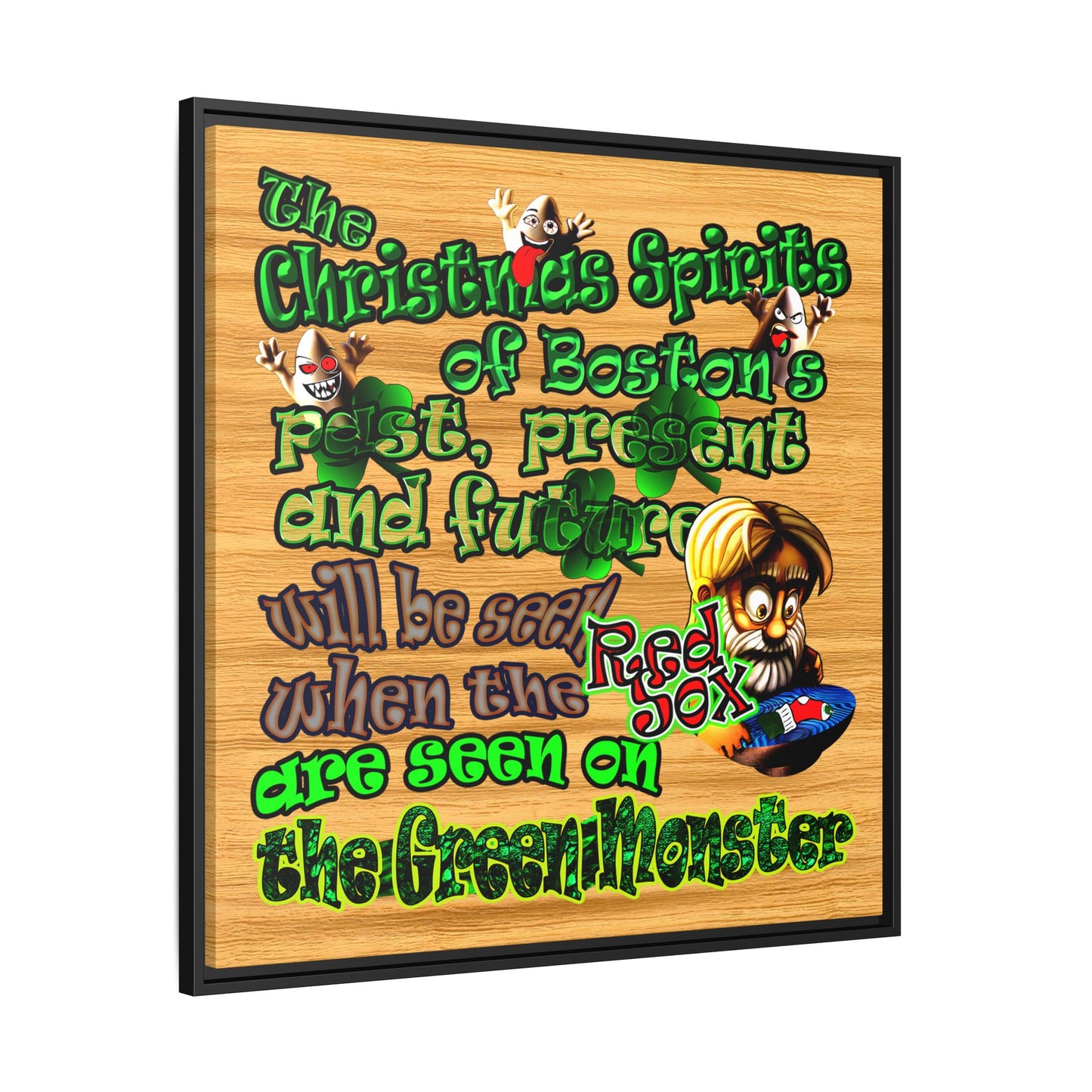 christmas spirits of boston - framed canvas art (butterscotch wood finish)