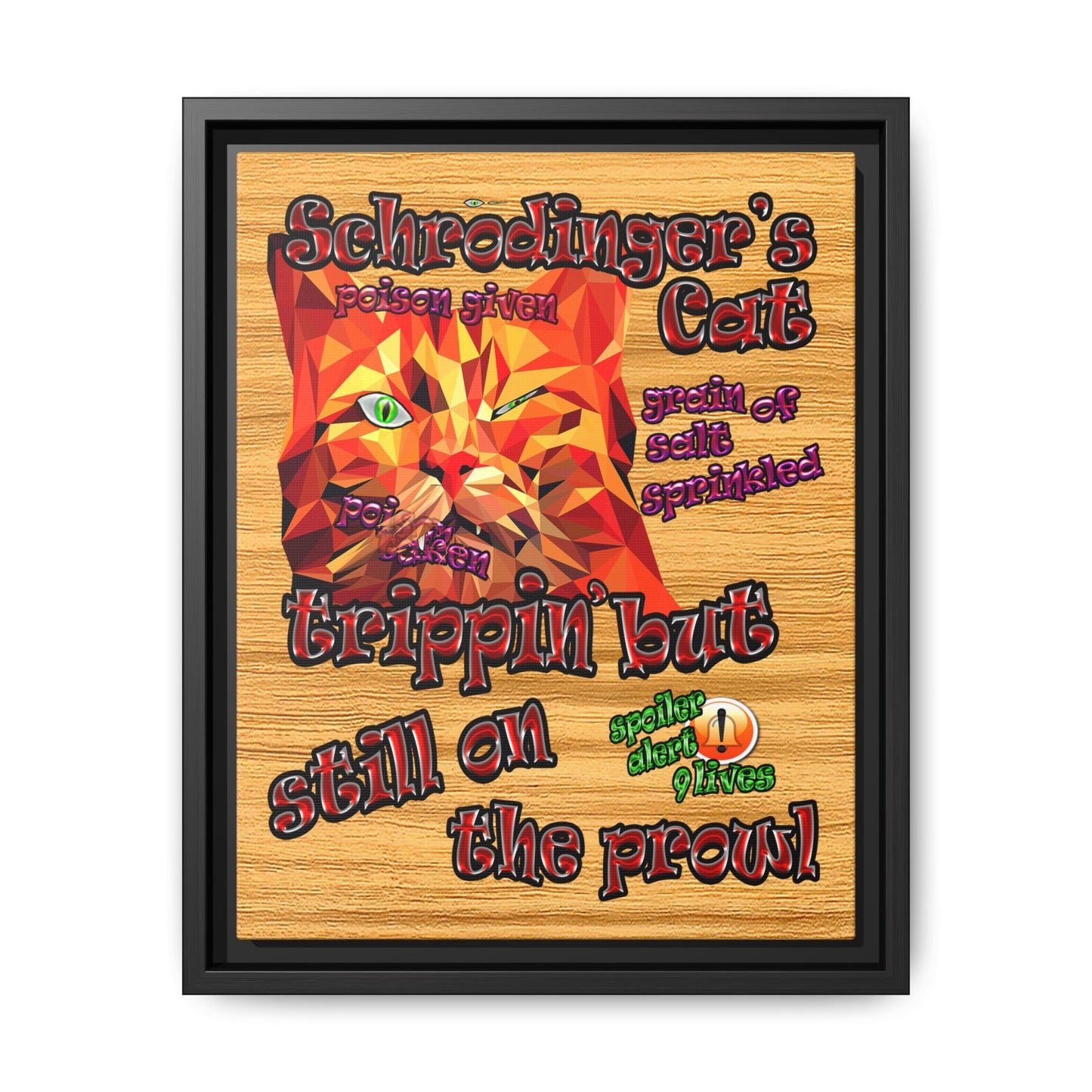 schrodinger's cat - framed canvas art (butterscotch wood finish)