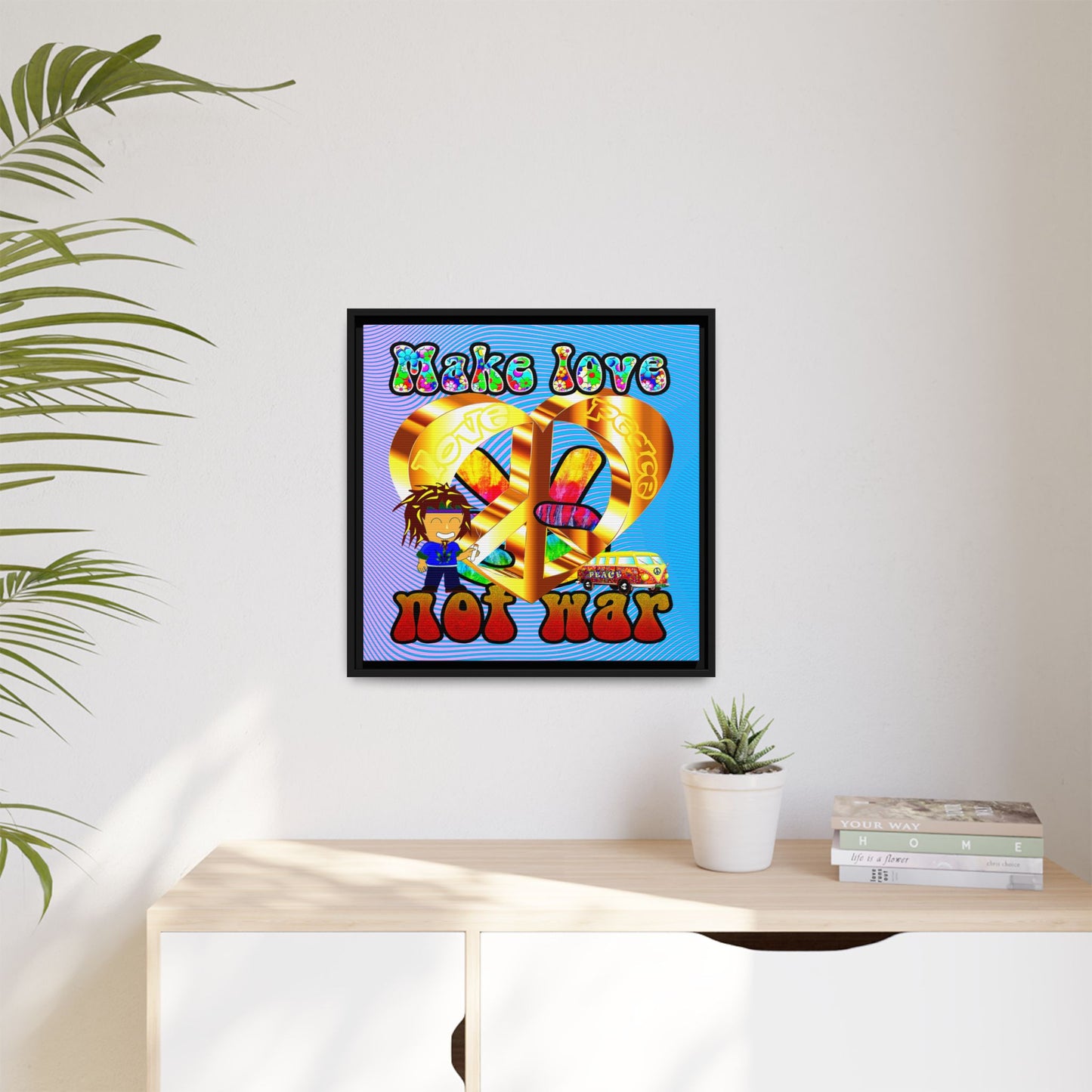 love peace - framed canvas art (light blue-purple wave)