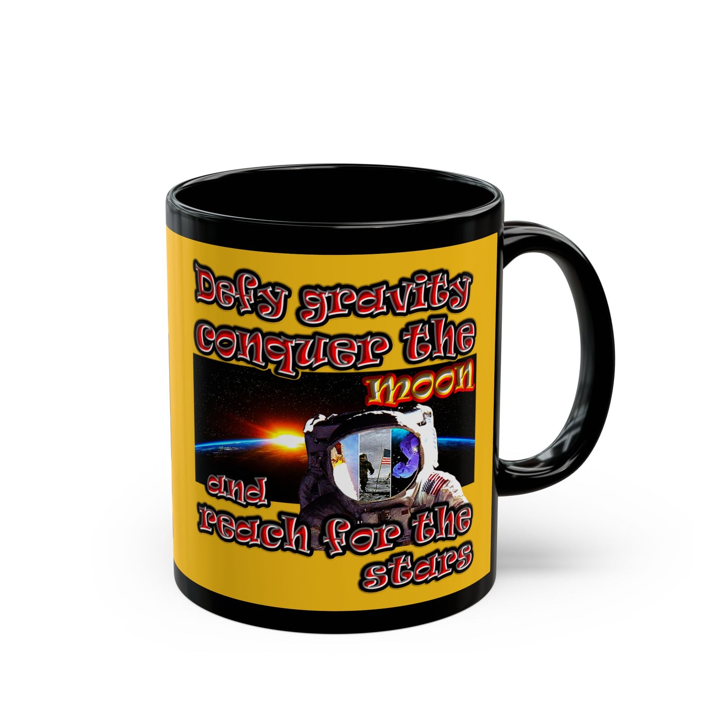 defy conquer reach - Black Mug (yellow)