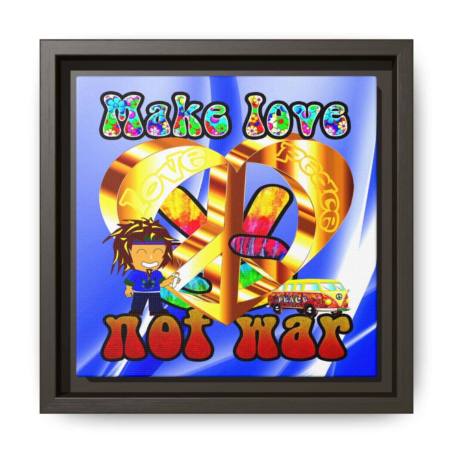 love peace - framed canvas art (blue-white wave)