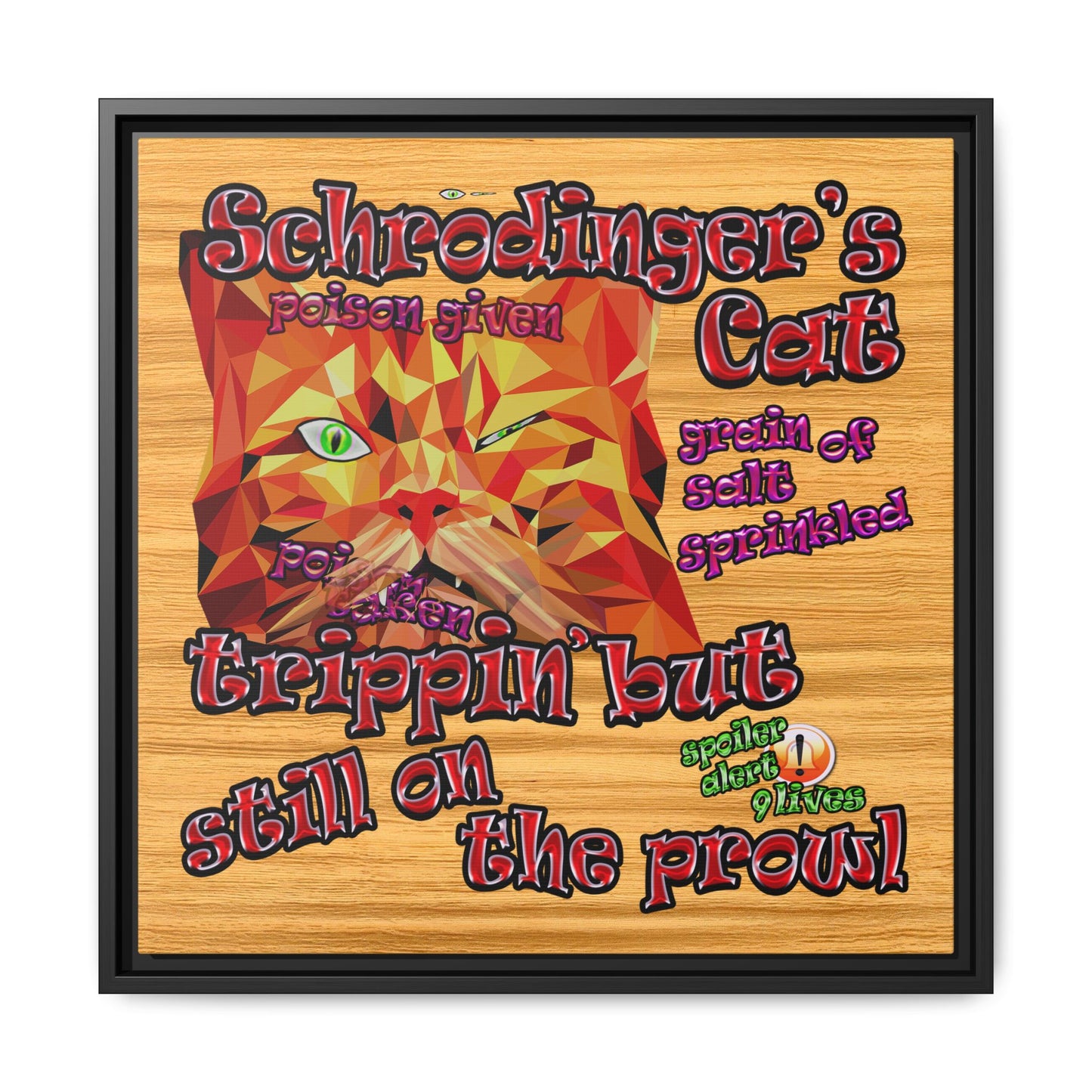schrodinger's cat - framed canvas art (butterscotch wood finish)