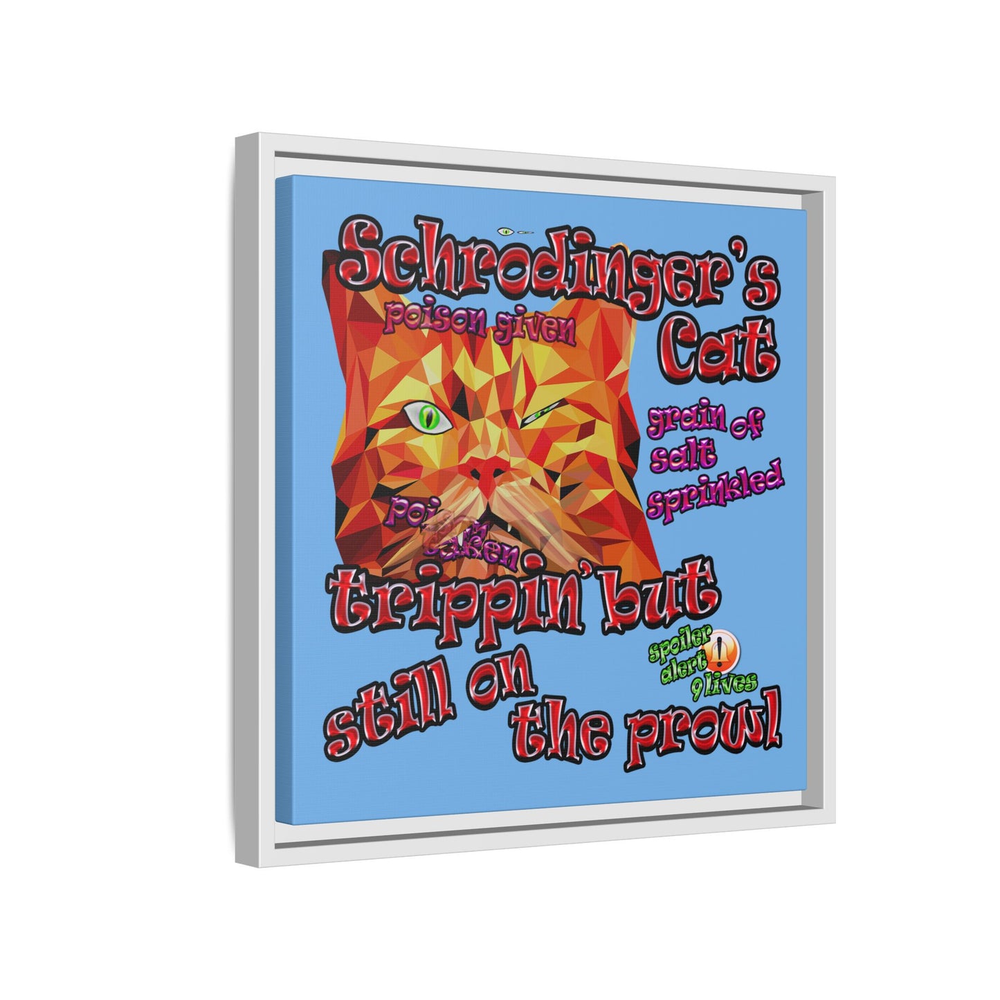 schrodinger's cat - framed canvas art (light blue)