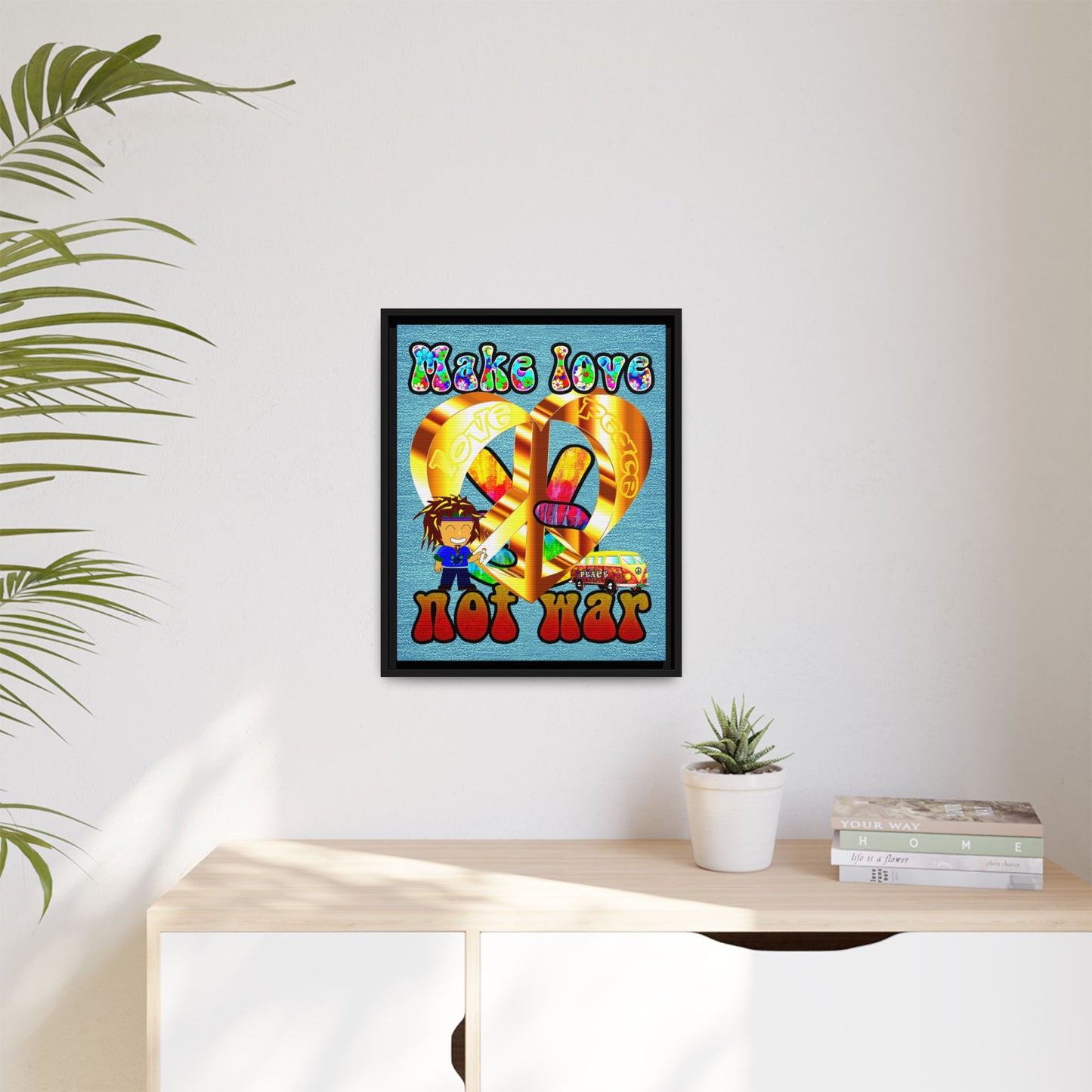 love peace - framed canvas art (faded blue)