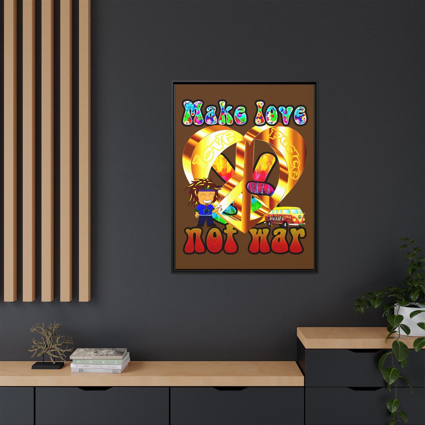 love peace - framed canvas art (brown)