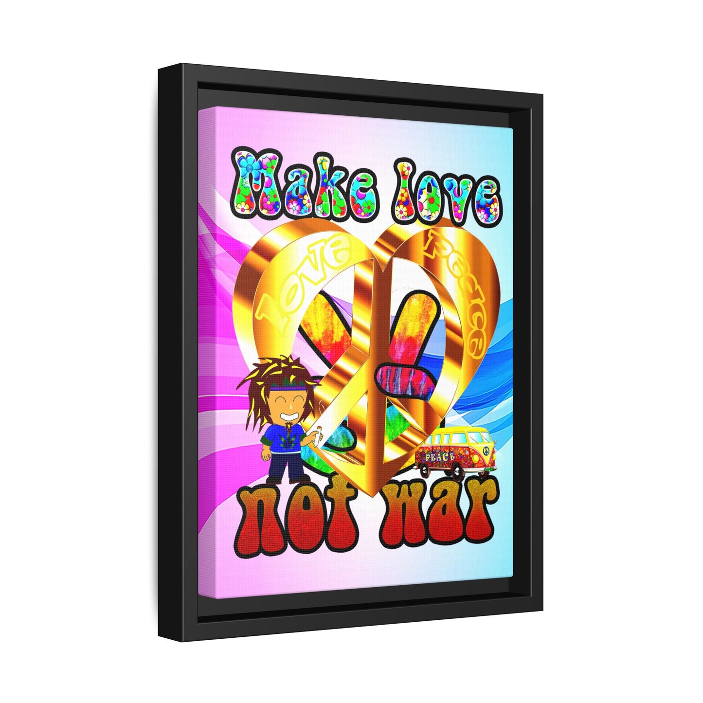 love peace - framed canvas art (light blue-pink wave)