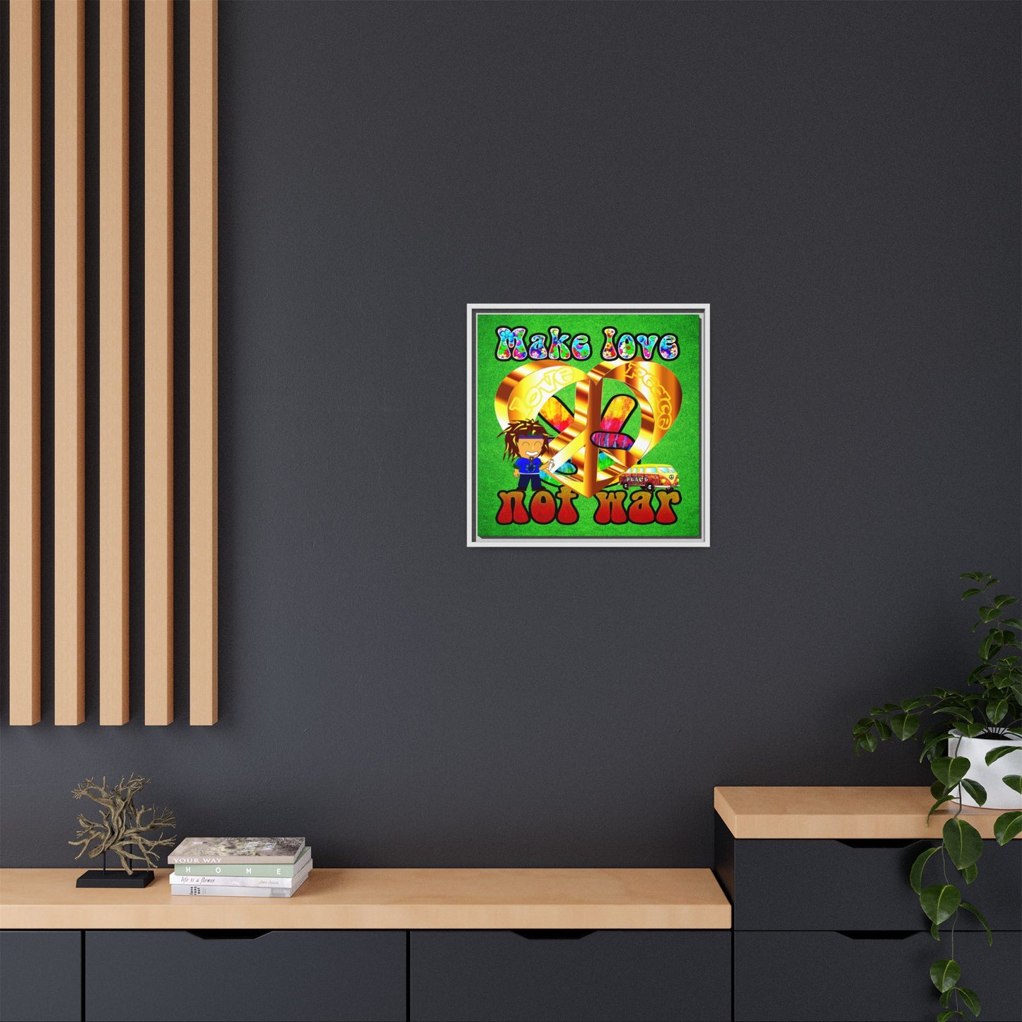 love peace - framed canvas art (green turf)