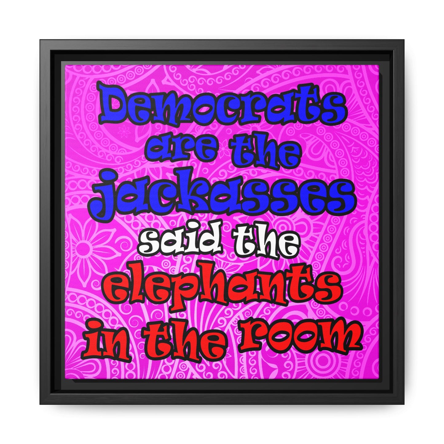 donkeys and elephants - framed canvas art (pink swirl)