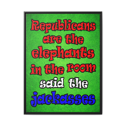 donkeys and elephants - framed canvas art (green turf)