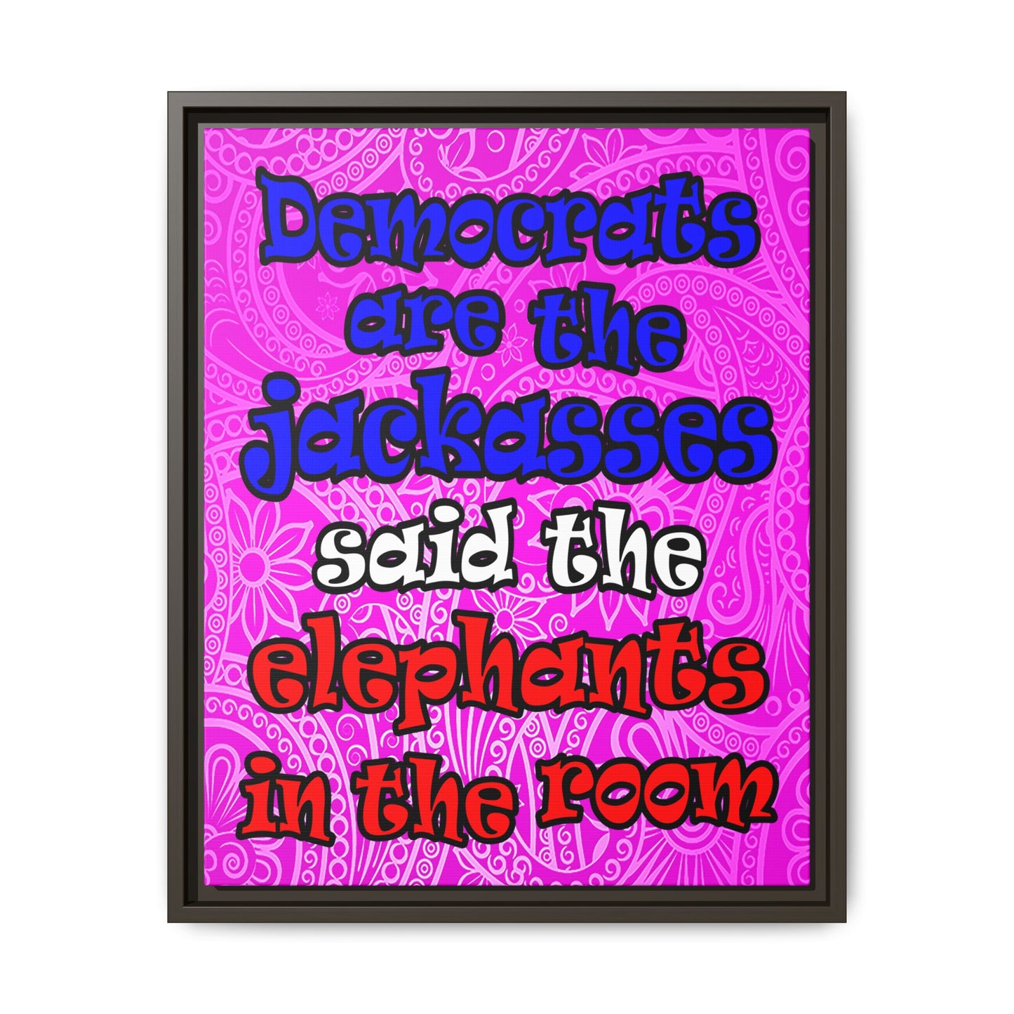 donkeys and elephants - framed canvas art (pink swirl)