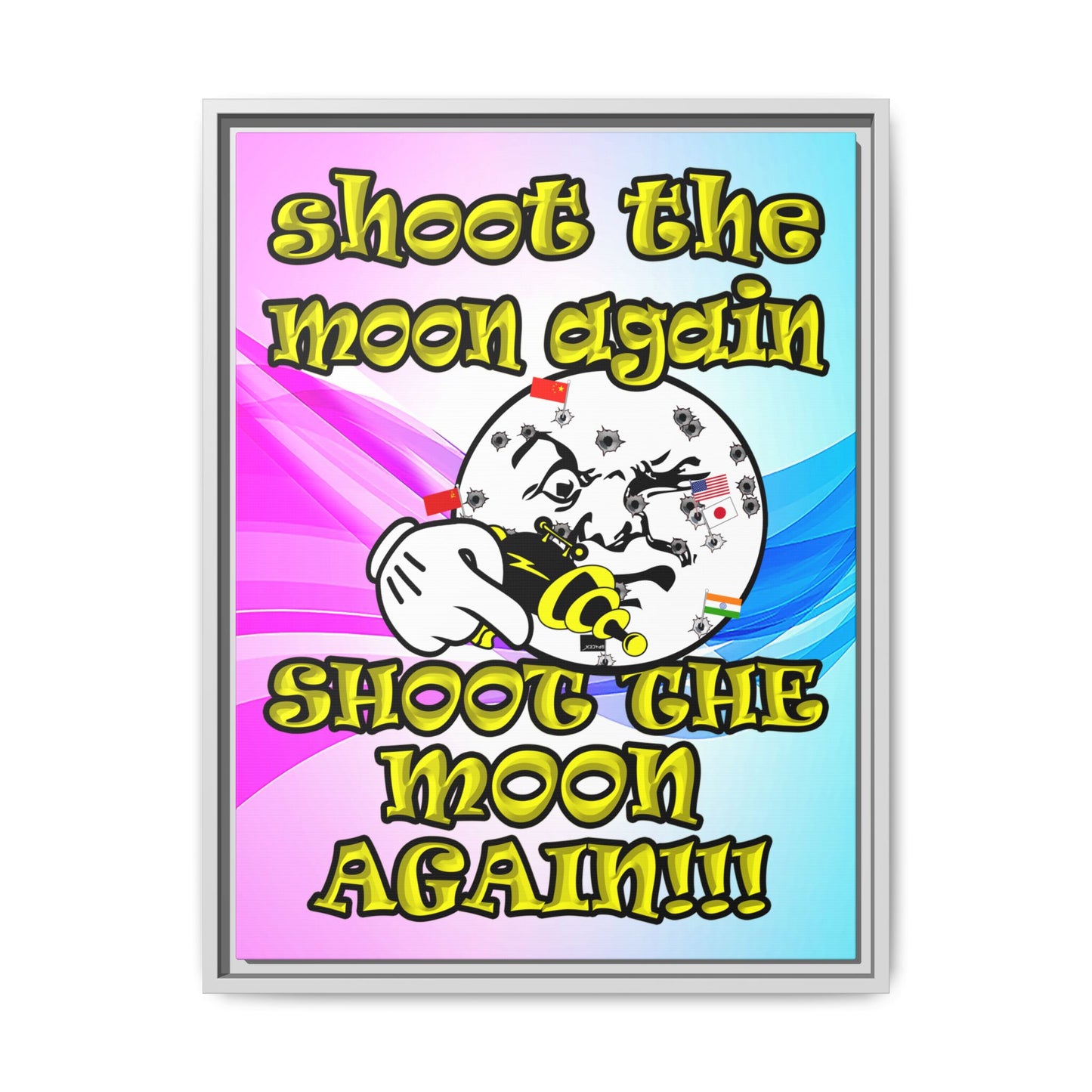 shoot the moon again - framed canvas art (light blue-pink wave)