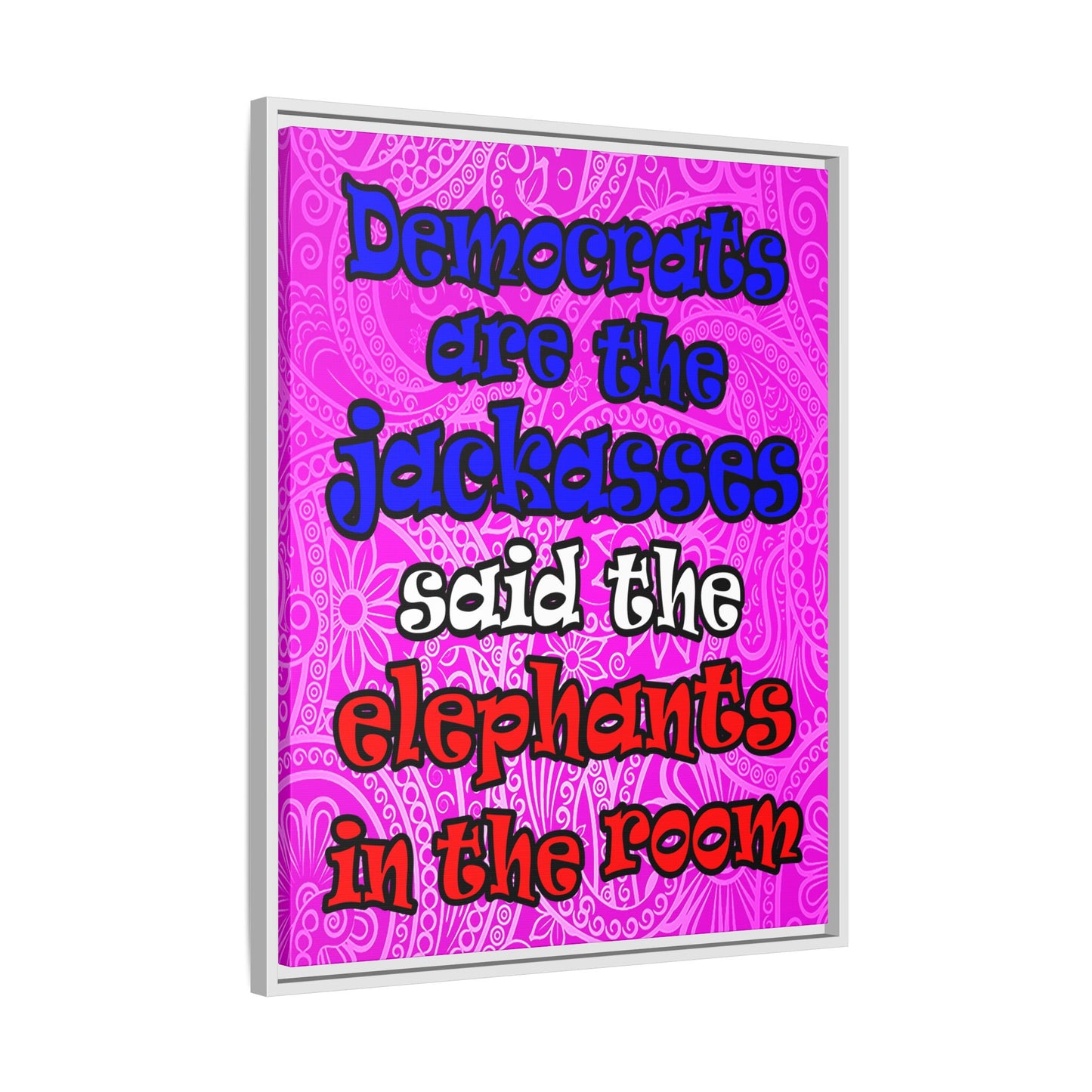 donkeys and elephants - framed canvas art (pink swirl)