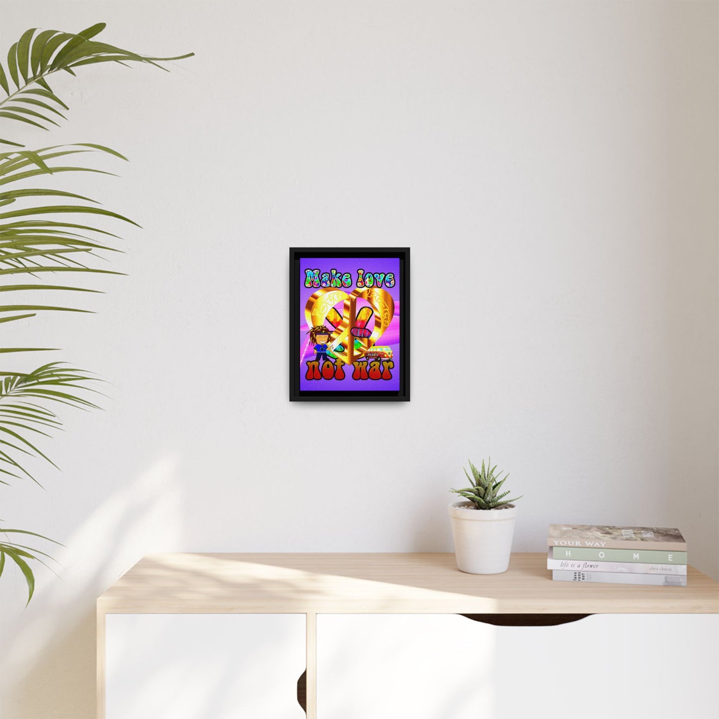 love peace - framed canvas art (purple-pink wave)