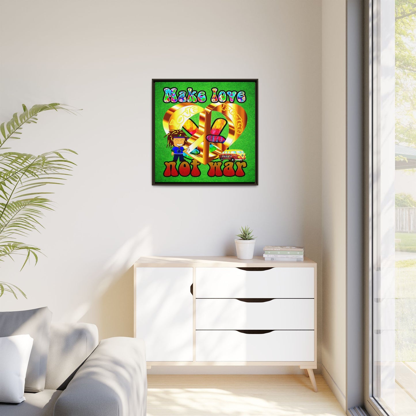 love peace - framed canvas art (green turf)