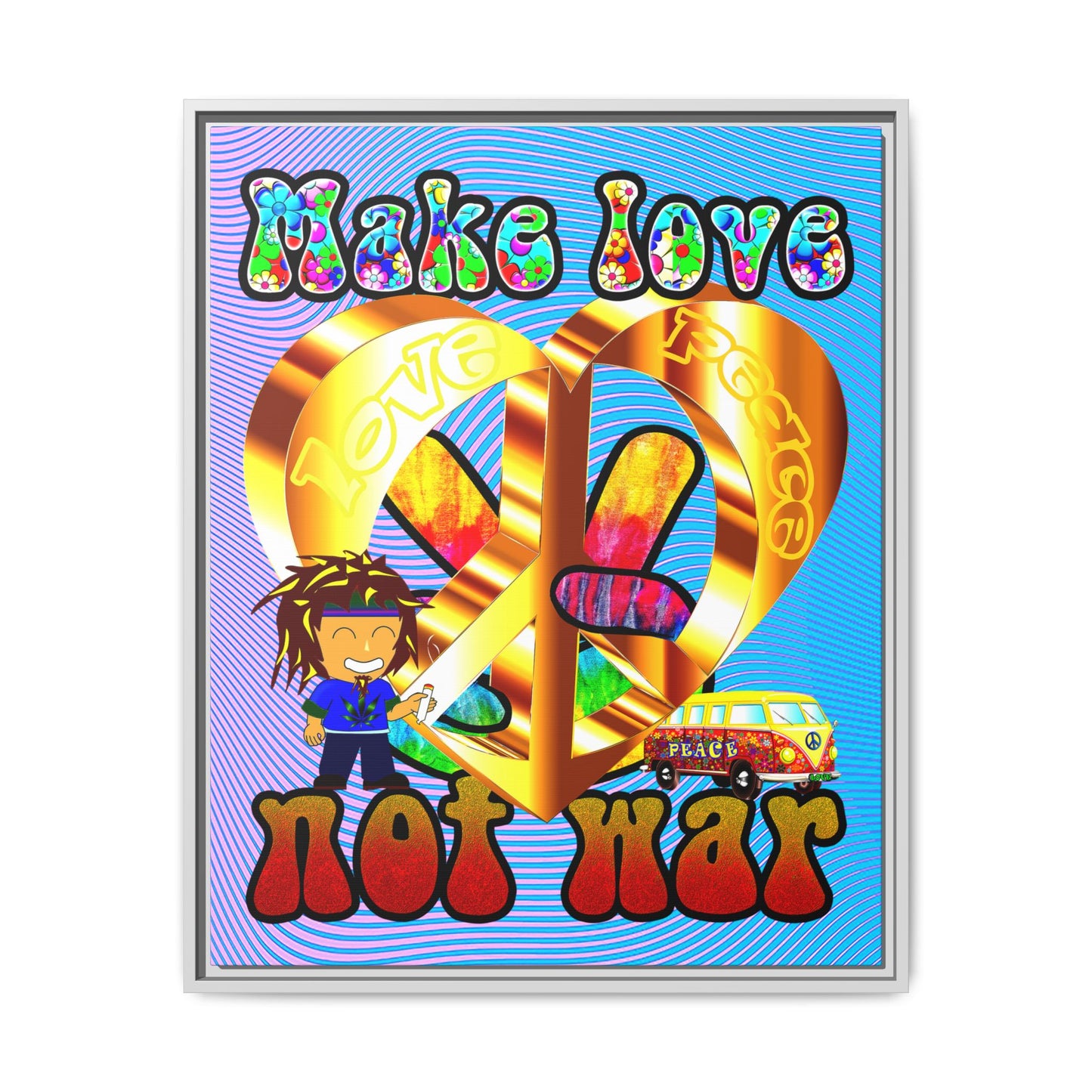 love peace - framed canvas art (light blue-purple wave)