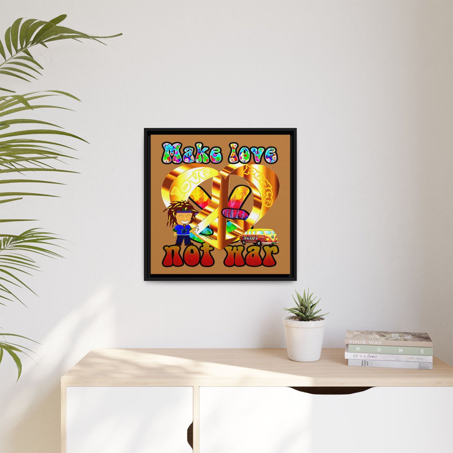 love peace - framed canvas art (light brown)