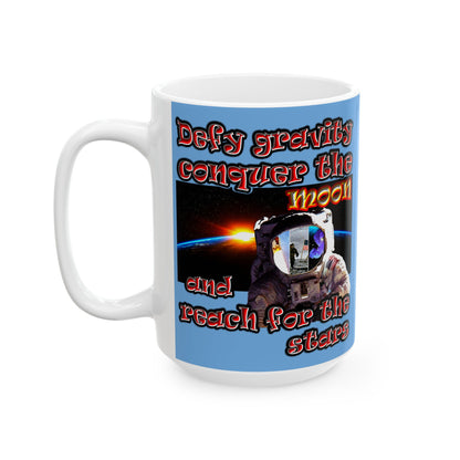 defy conquer reach - White Mug (light blue)