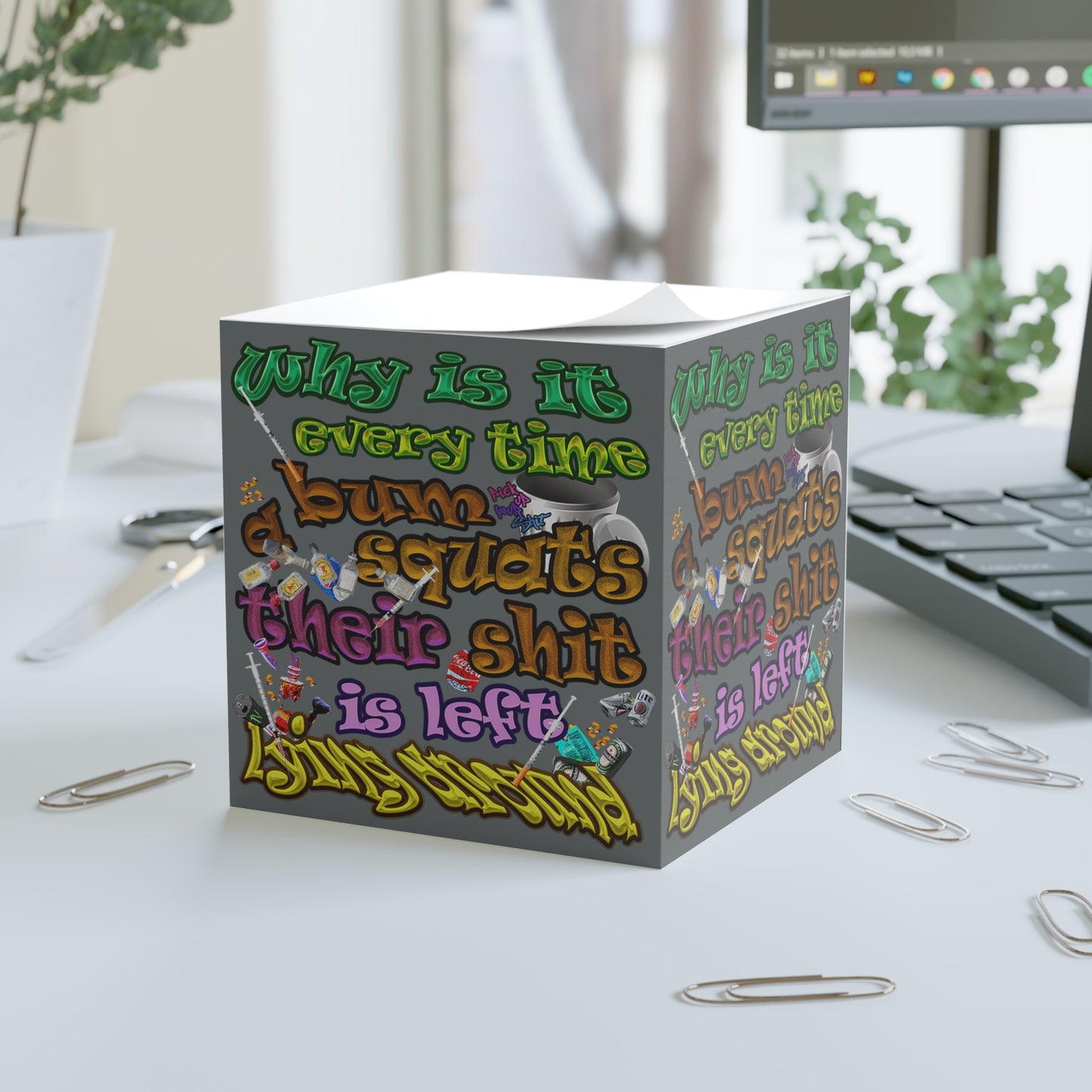 the bum's shit - note cube (dark grey)