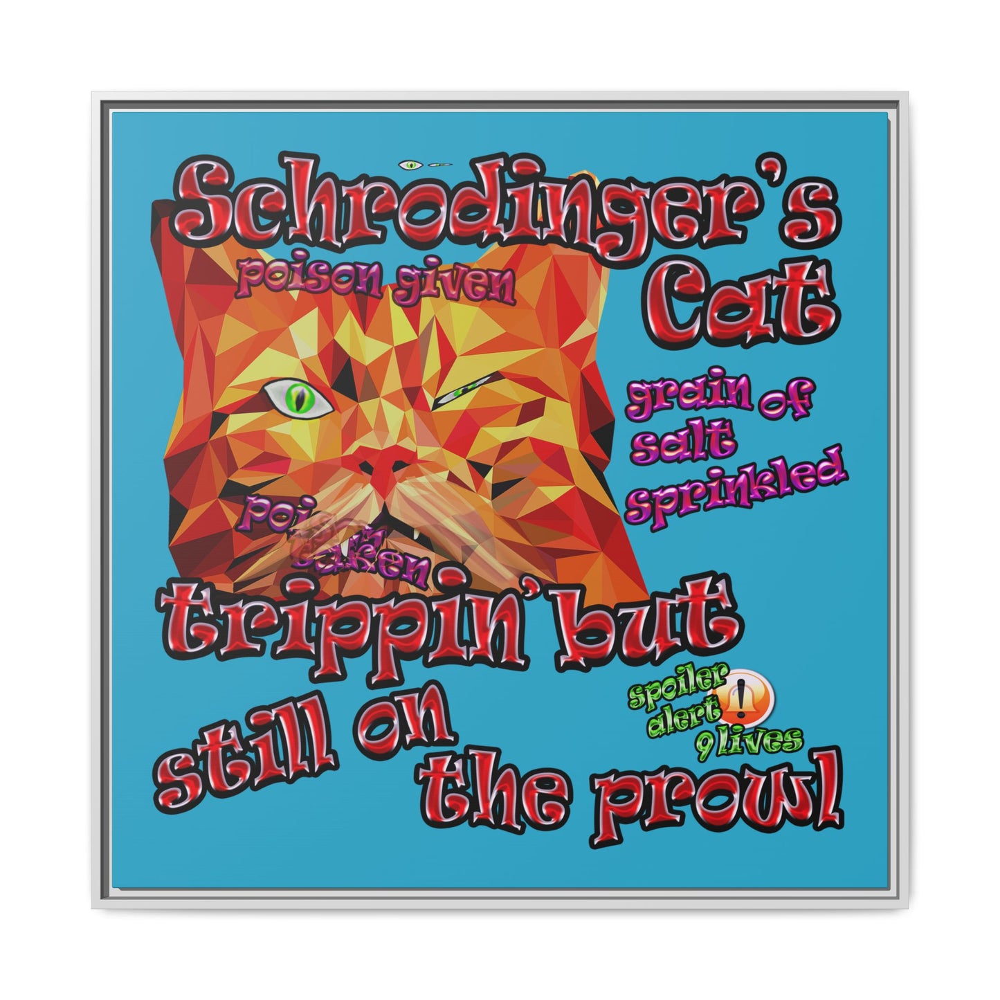 schrodinger's cat - framed canvas art (turquoise)