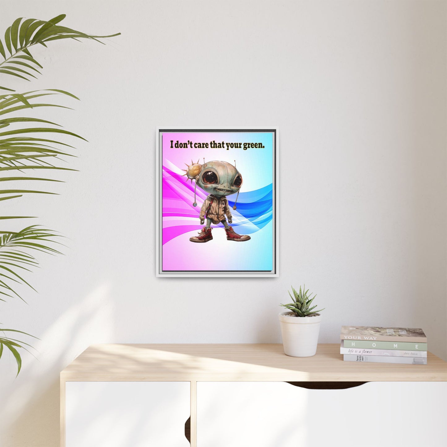 I don't care that your green - framed canvas art (light blue-pink wave)
