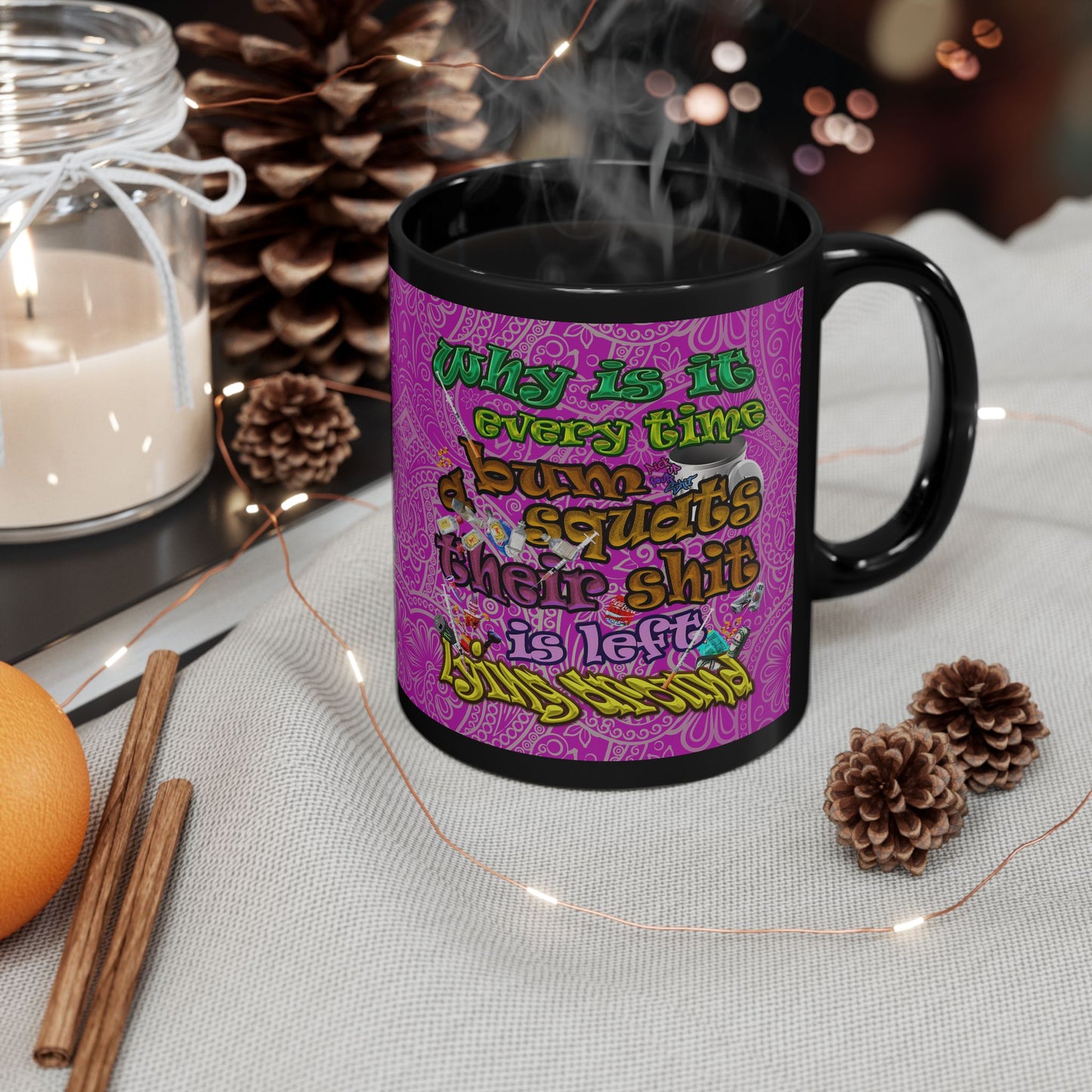 the bum's shit - Black Mug (pink swirl)