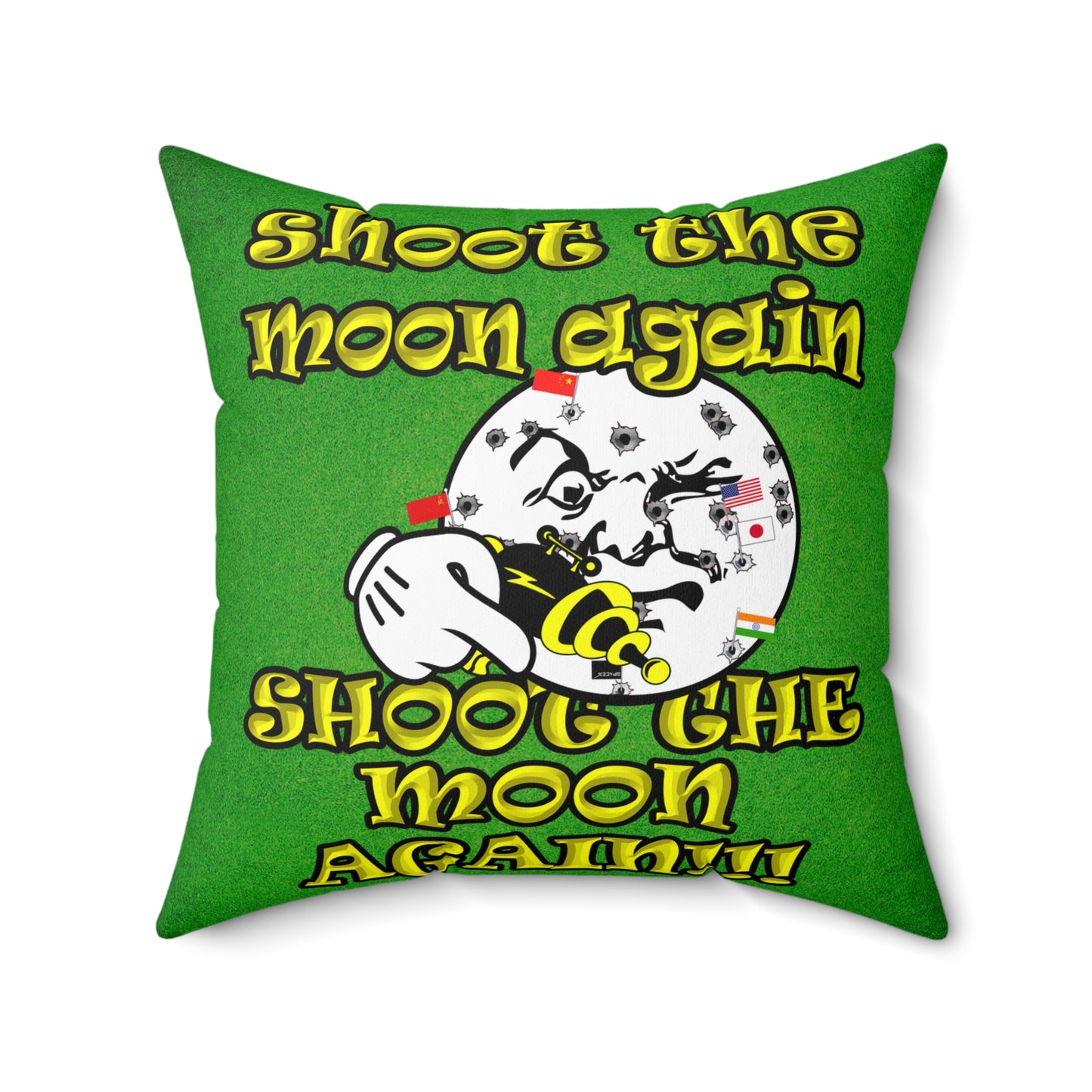 shoot the moon again - Spun Polyester Square Pillow - (green turf)