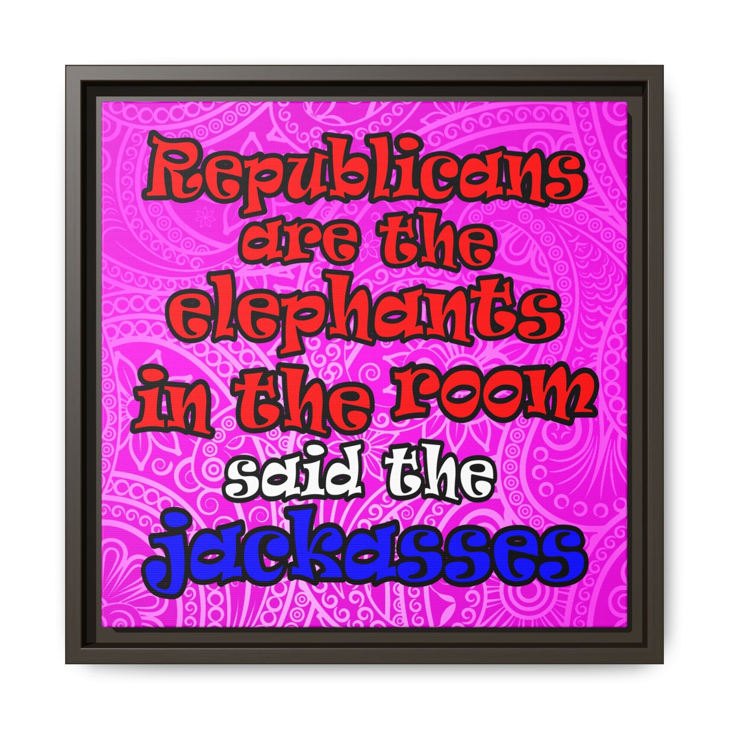 donkeys and elephants - framed canvas art (pink swirl)