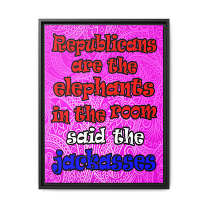 donkeys and elephants - framed canvas art (pink swirl)
