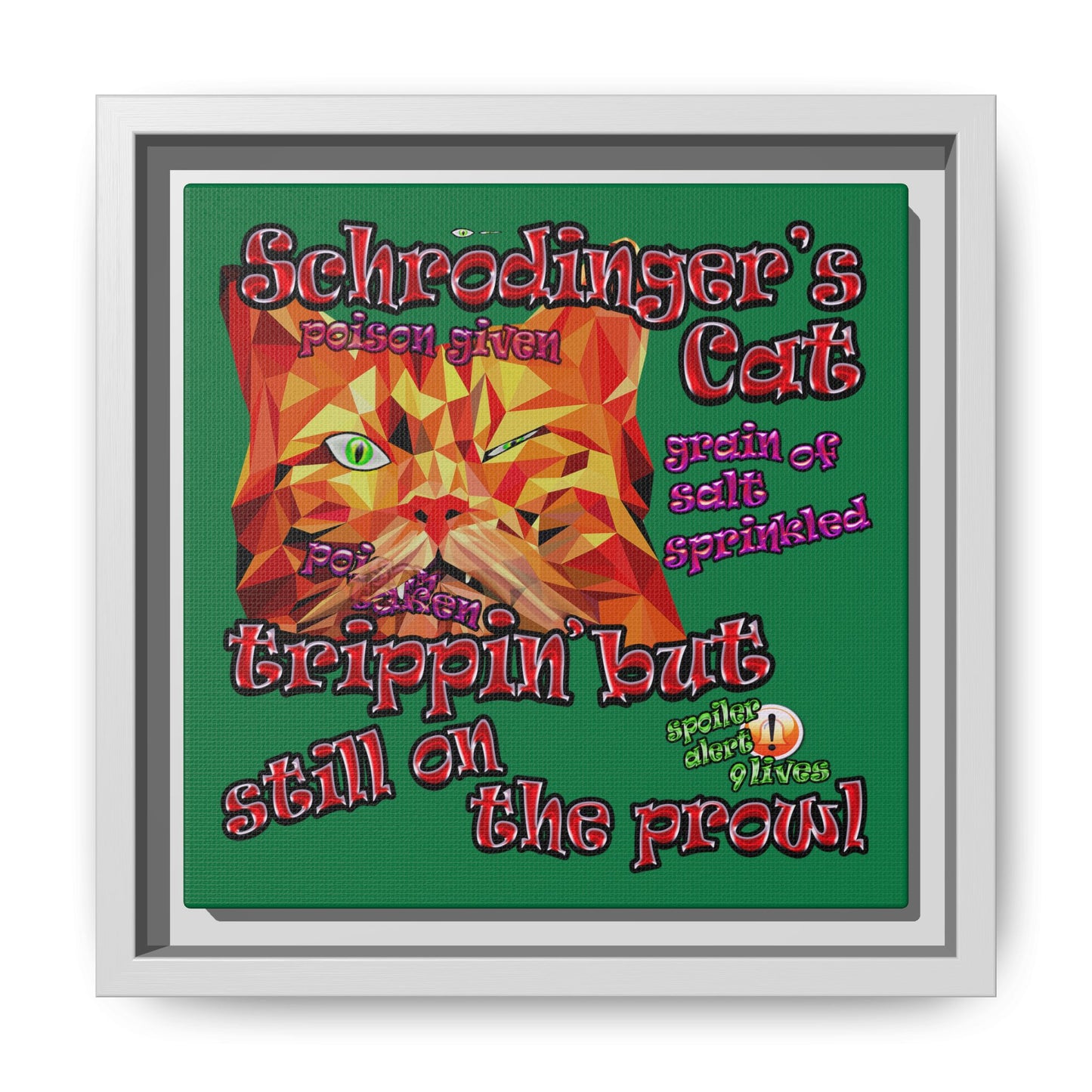 schrodinger's cat - framed canvas art (dark green)