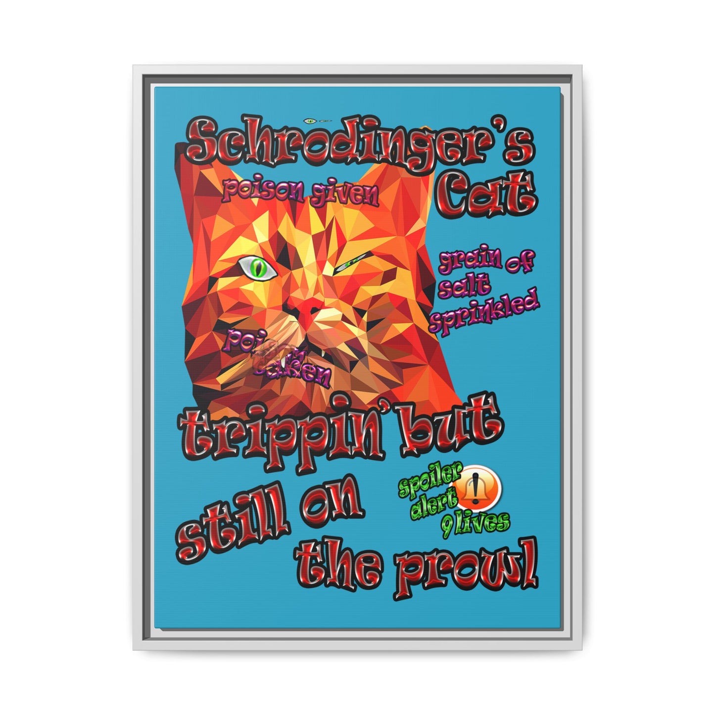 schrodinger's cat - framed canvas art (turquoise)