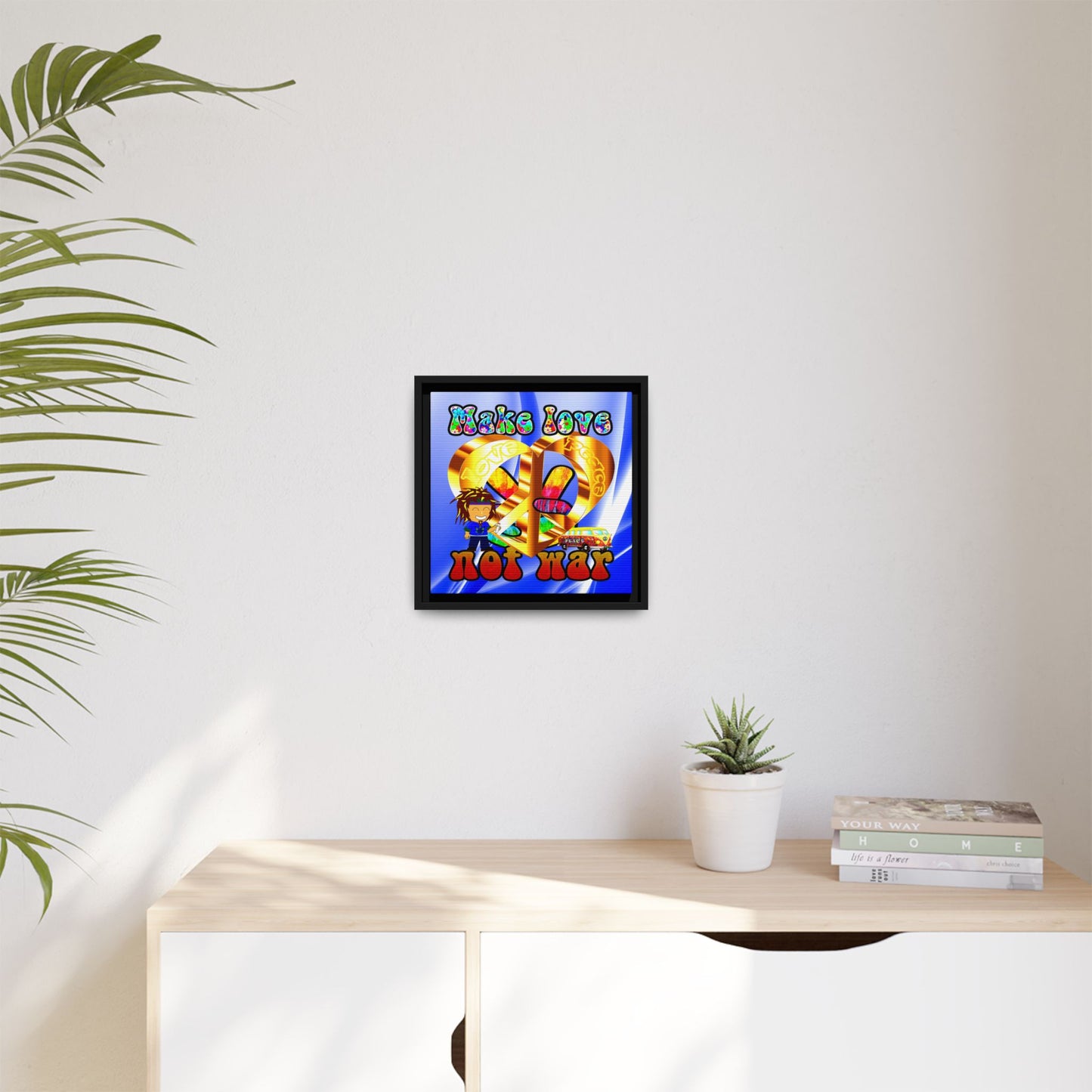 love peace - framed canvas art (blue-white wave)
