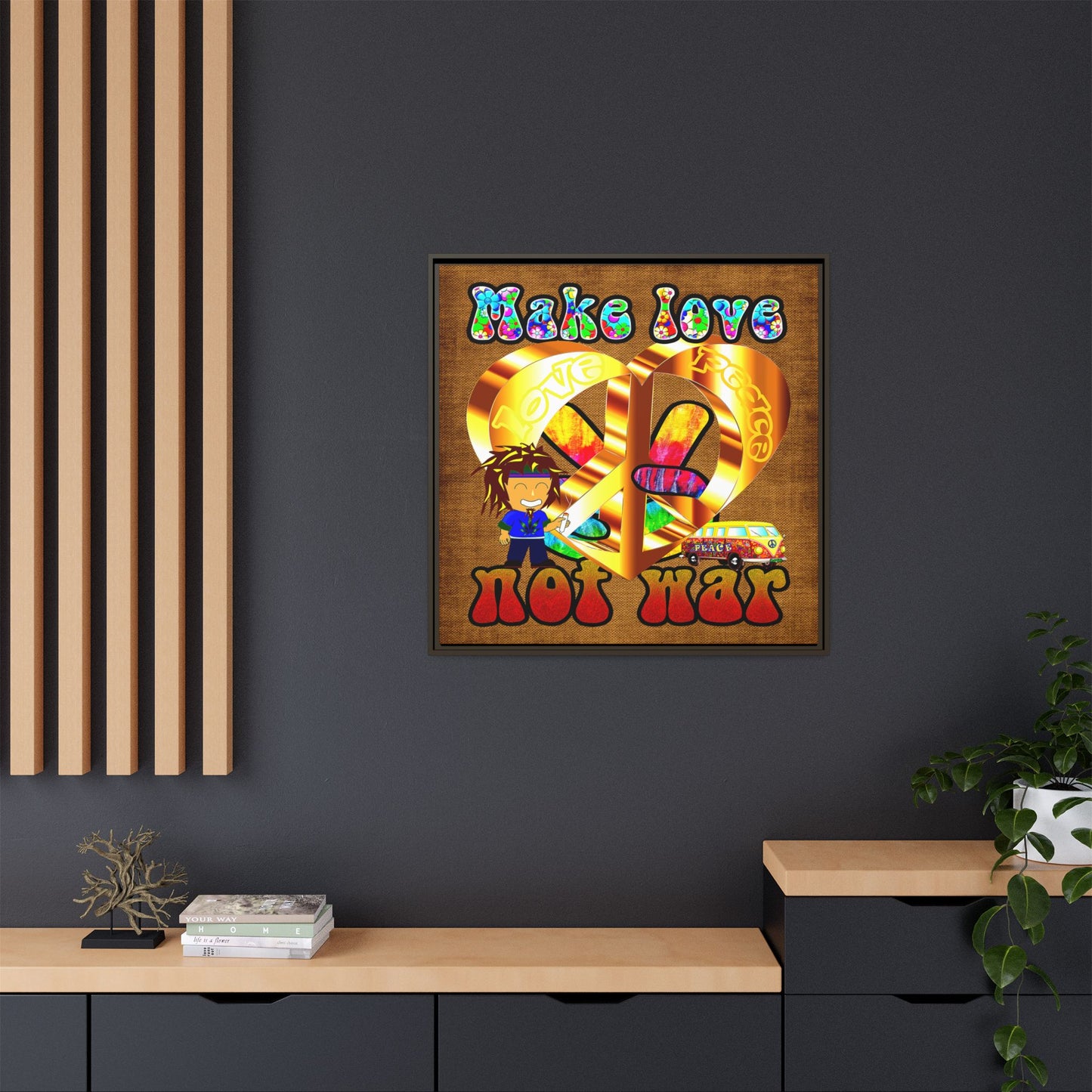 love peace - framed canvas art (brown papyrus)